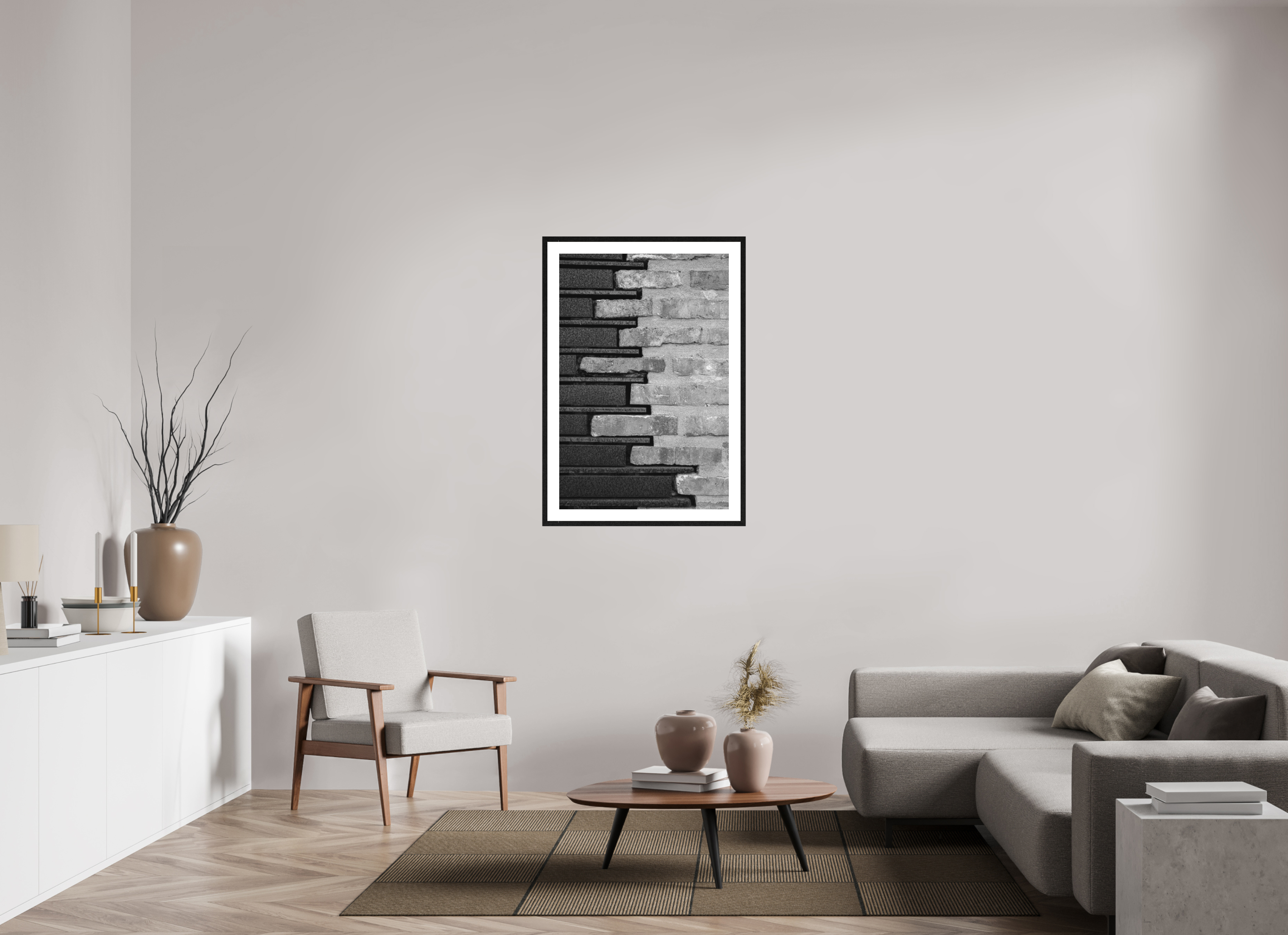 70 x 105 cm, Tirage N&B mat+ cadre noir avec passe-partout Le mariage de la pierre et de l’acier