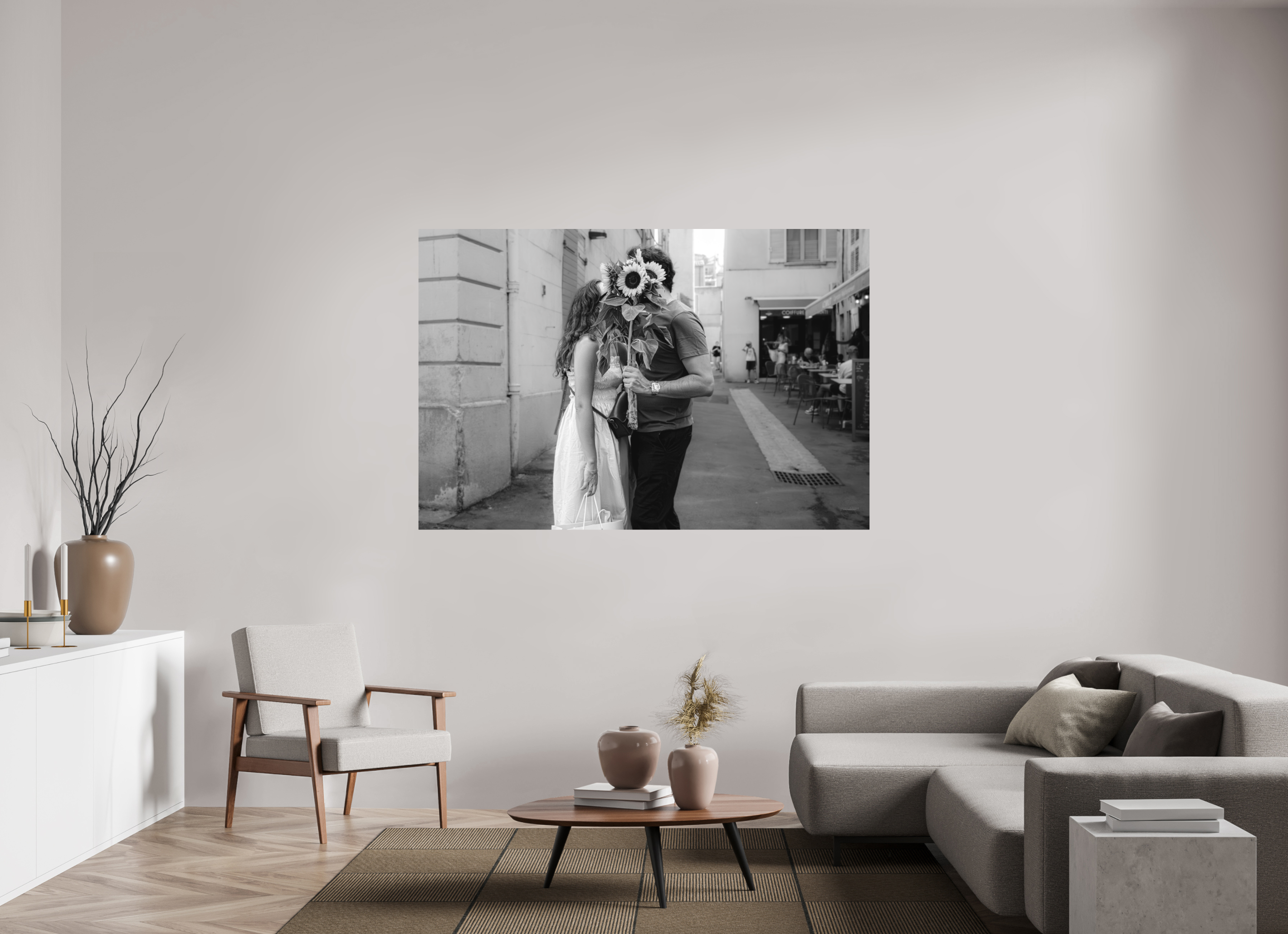 180 x 120 cm, Tirage N&B mat seul Les amoureux discrets