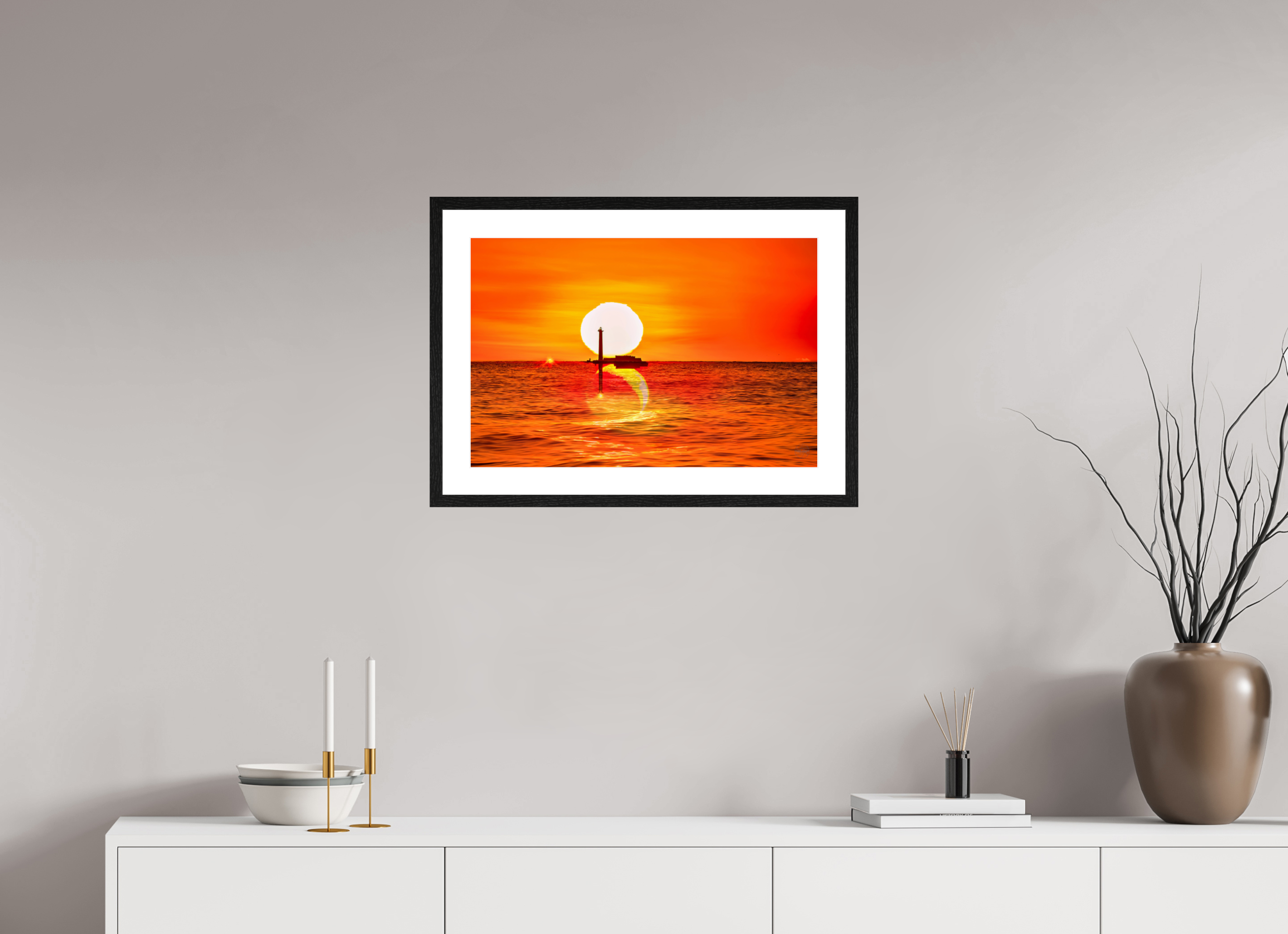 60 x 40 cm, Tirage couleur brillant + Cadre noir avec passe-partout Poster artistique – Quand le Soleil se couche avec la Lune
