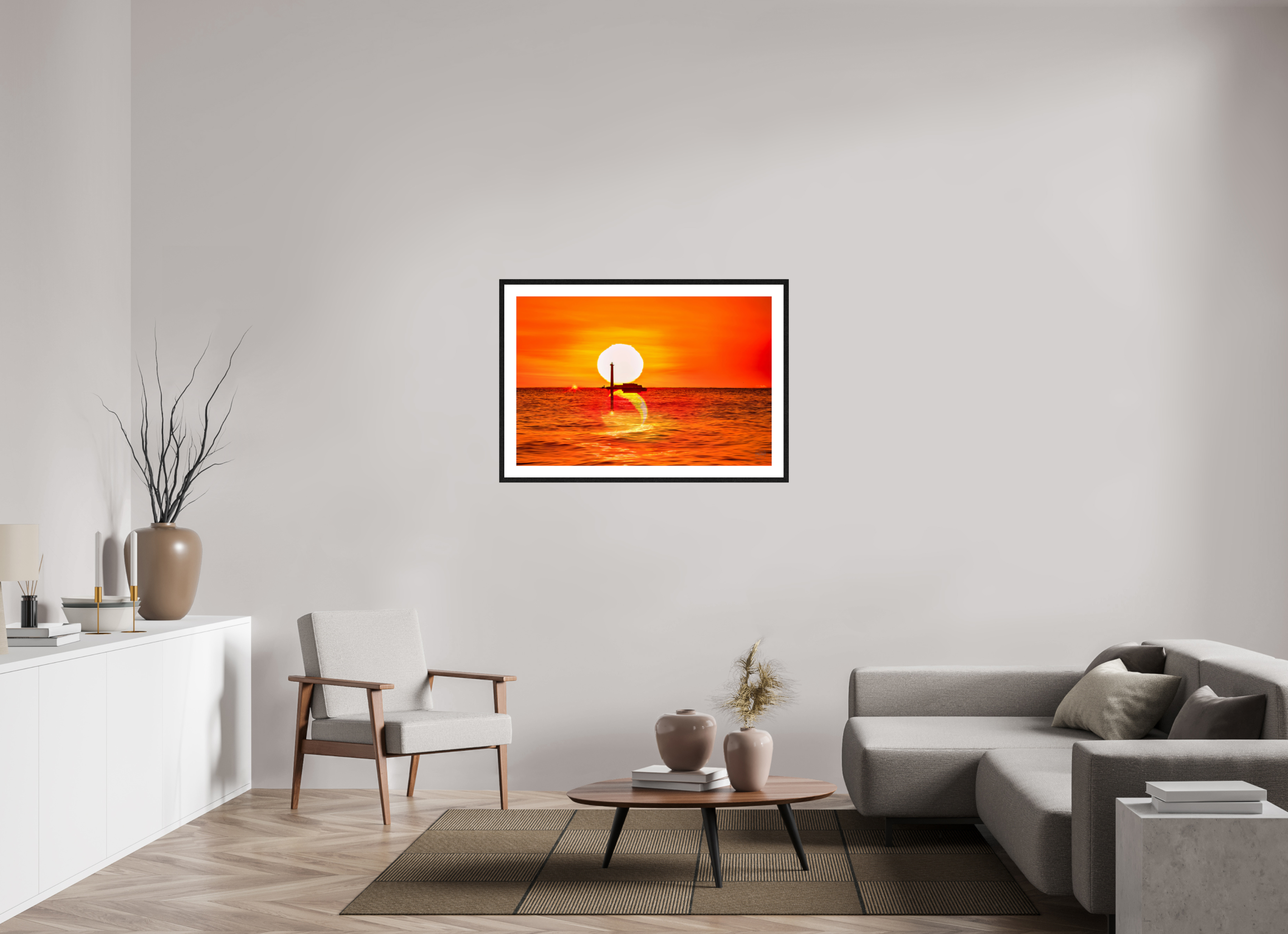 105 x 70 cm, Tirage couleur brillant + Cadre noir avec passe-partout Poster artistique – Quand le Soleil se couche avec la Lune