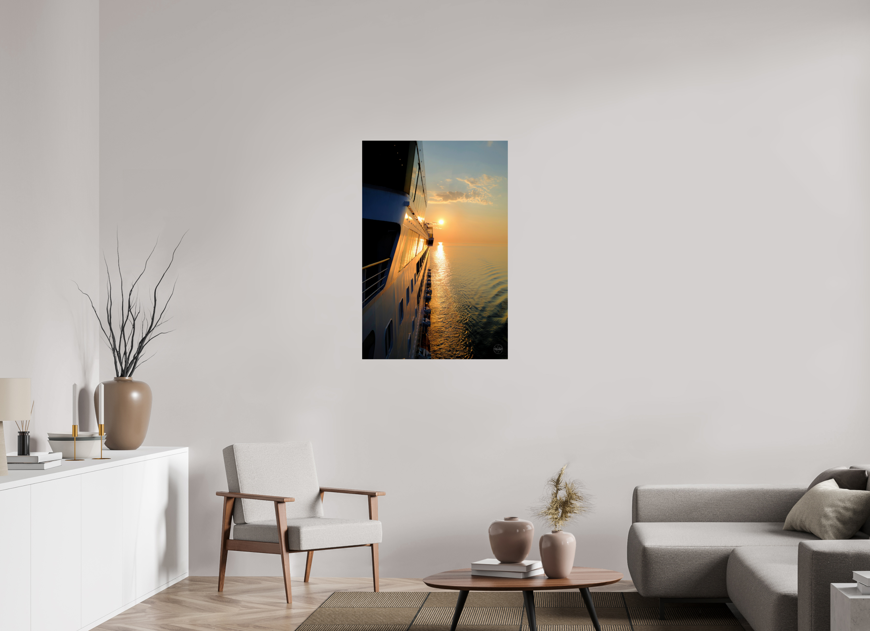 70 x 105 cm, Tirage couleur brillant seul Poster coucher de soleil en mer – Reflets dorés sur la coque d’un navire