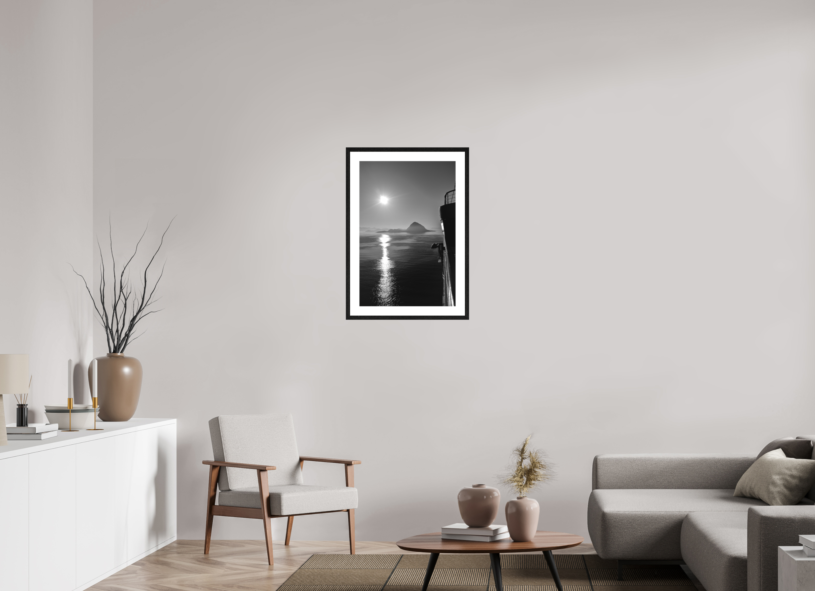50 x 75 cm, Tirage N&B mat + Cadre noir avec passe-partout Soleil Noir | Poster Noir et Blanc Océan & Horizon Minimaliste