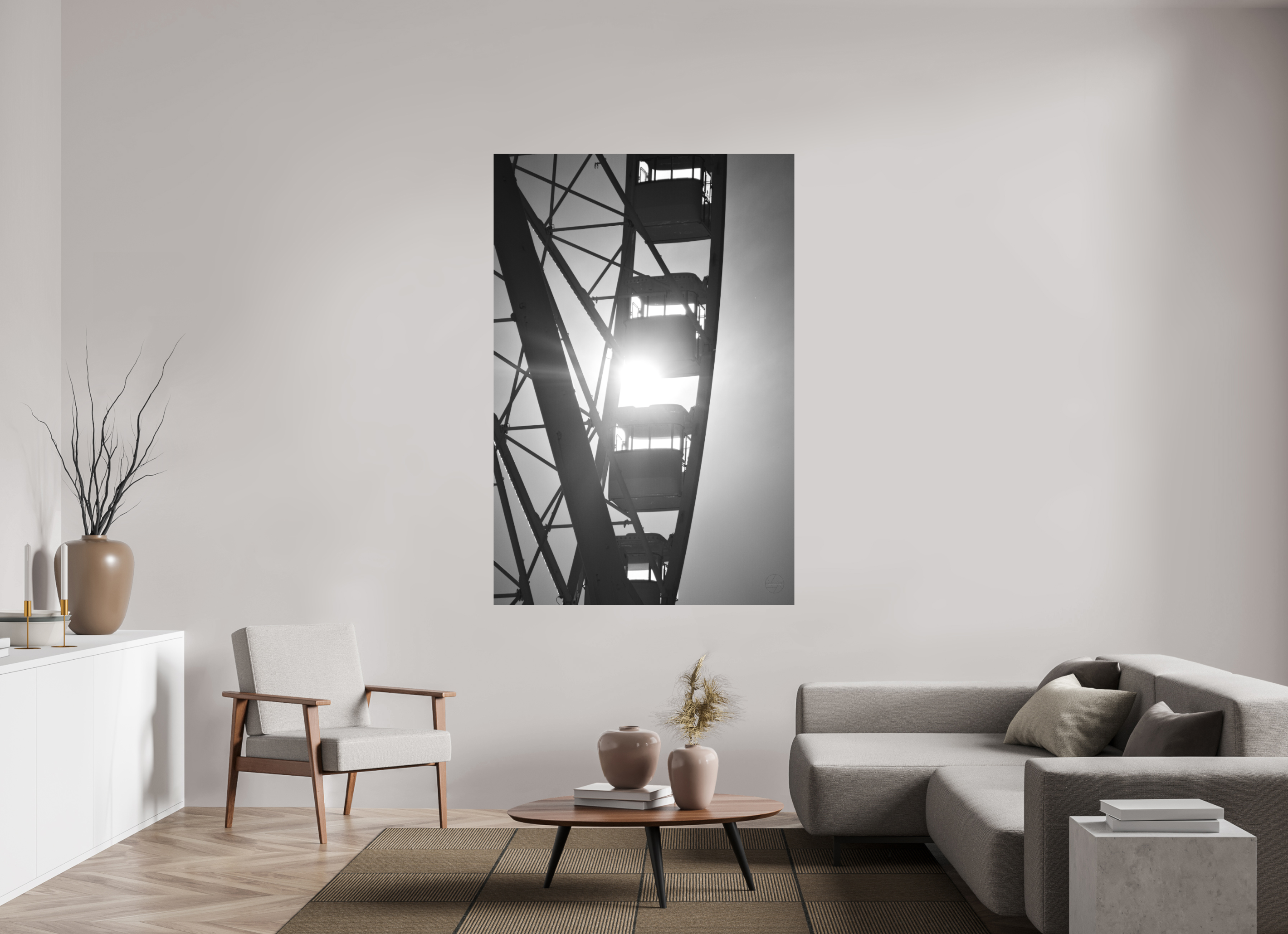 120 x 180 cm, Tirage N&B mat seul Affiche noir et blanc – Roue suspendue dans la lumière