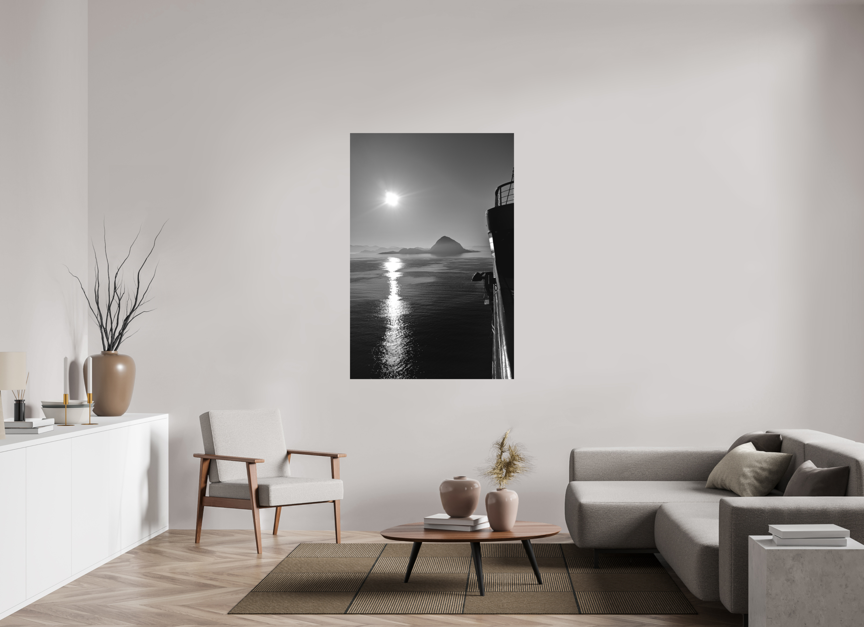 100 x 150 cm, Tirage N&B mat seul Soleil Noir | Poster Noir et Blanc Océan & Horizon Minimaliste