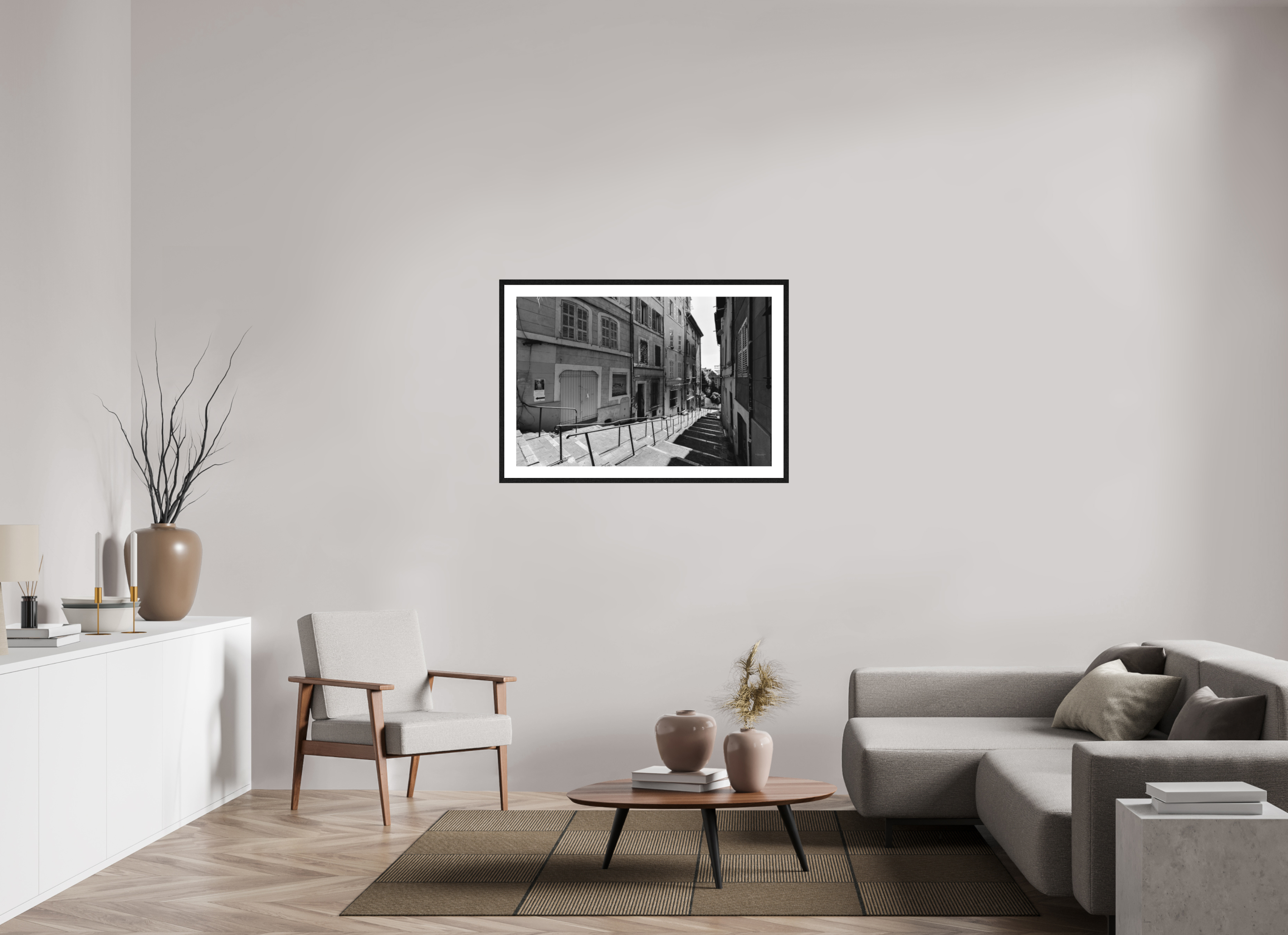 105 x 70 cm, Tirage N&B mat + Cadre noir avec passe-partout Poster urbain – Escaliers du silence