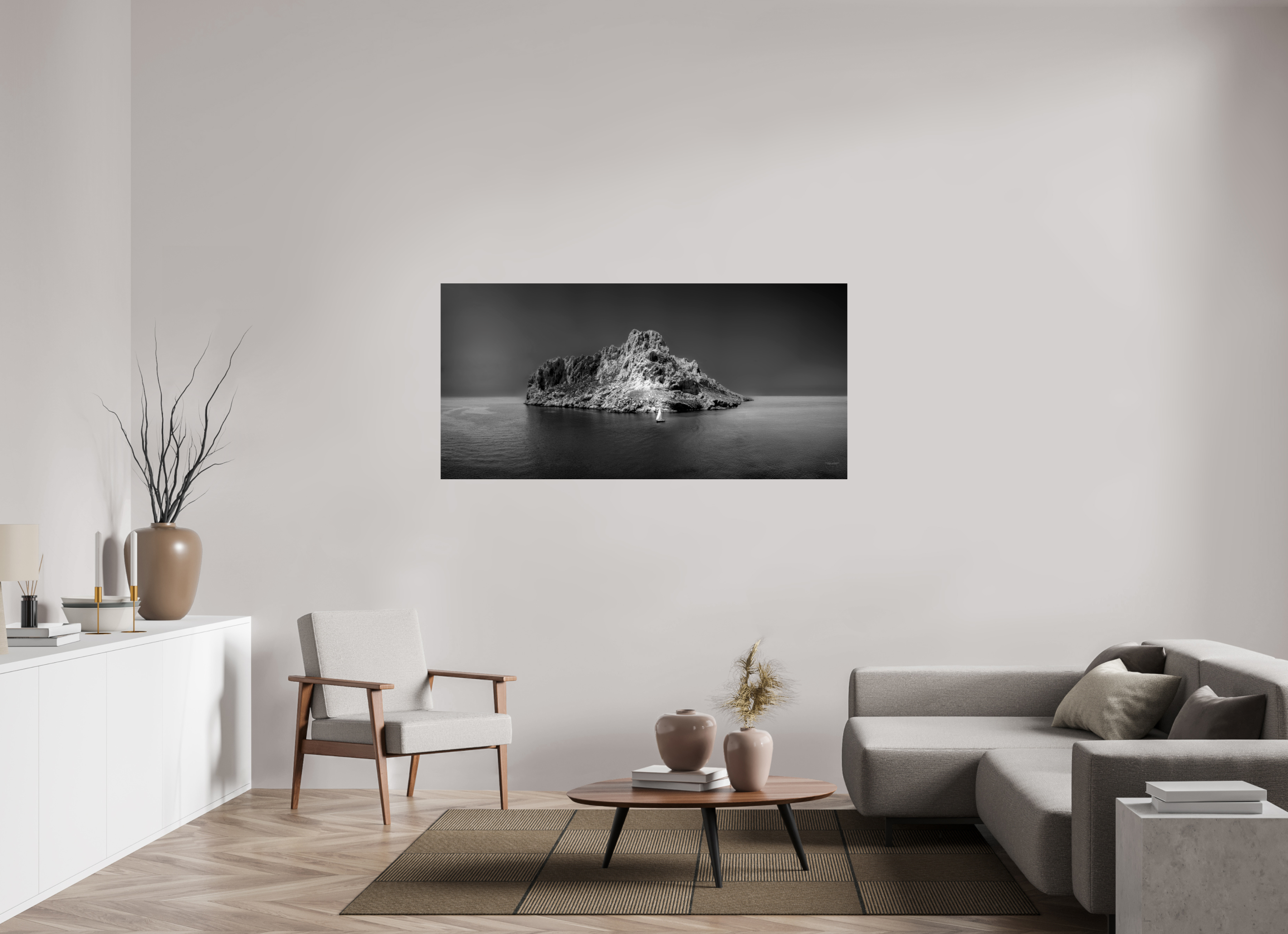 166 x 80 cm, Tirage N&B sous Plexi Impression grand format – L'île refuge ou prison