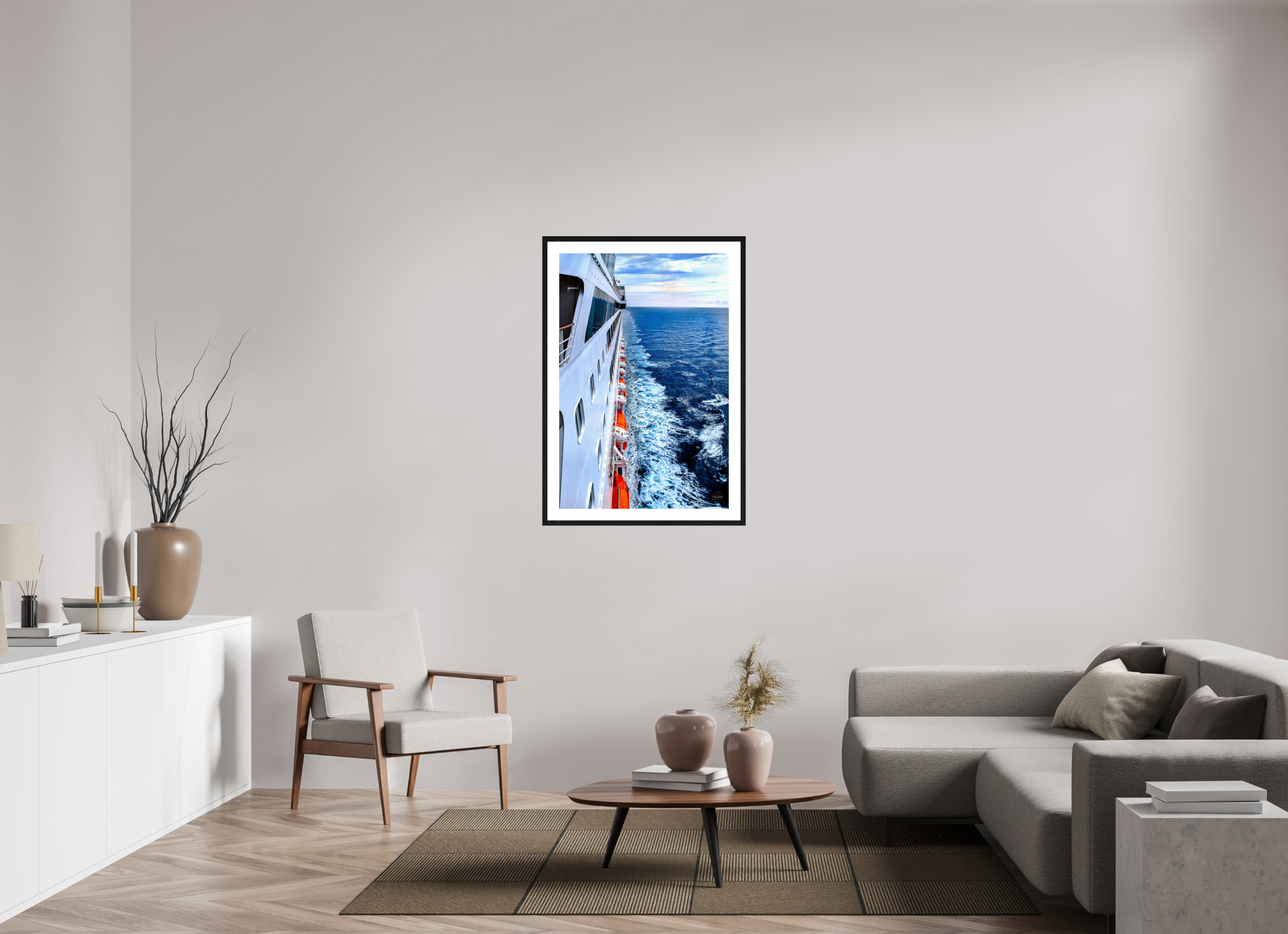 70 x 105 cm, Tirage couleur brillant + Cadre noir avec passe-partout Sillage Infini | Poster Océan & Voyage Contemporain