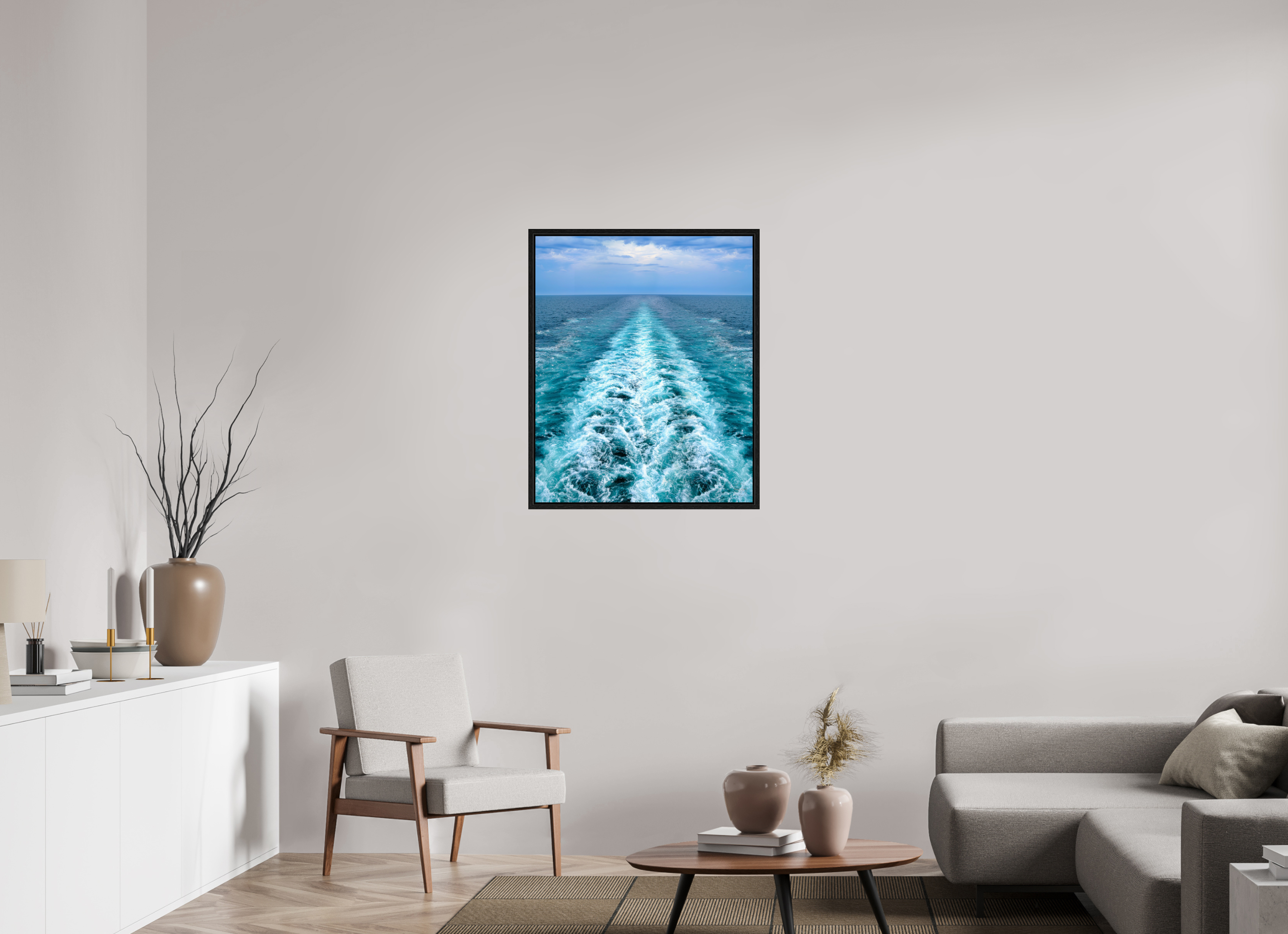 70 x 85,8 cm, Tirage couleur dans Caisse américaine noire Ligne d'Écume | Poster Océan Contemporain & Horizon Infini