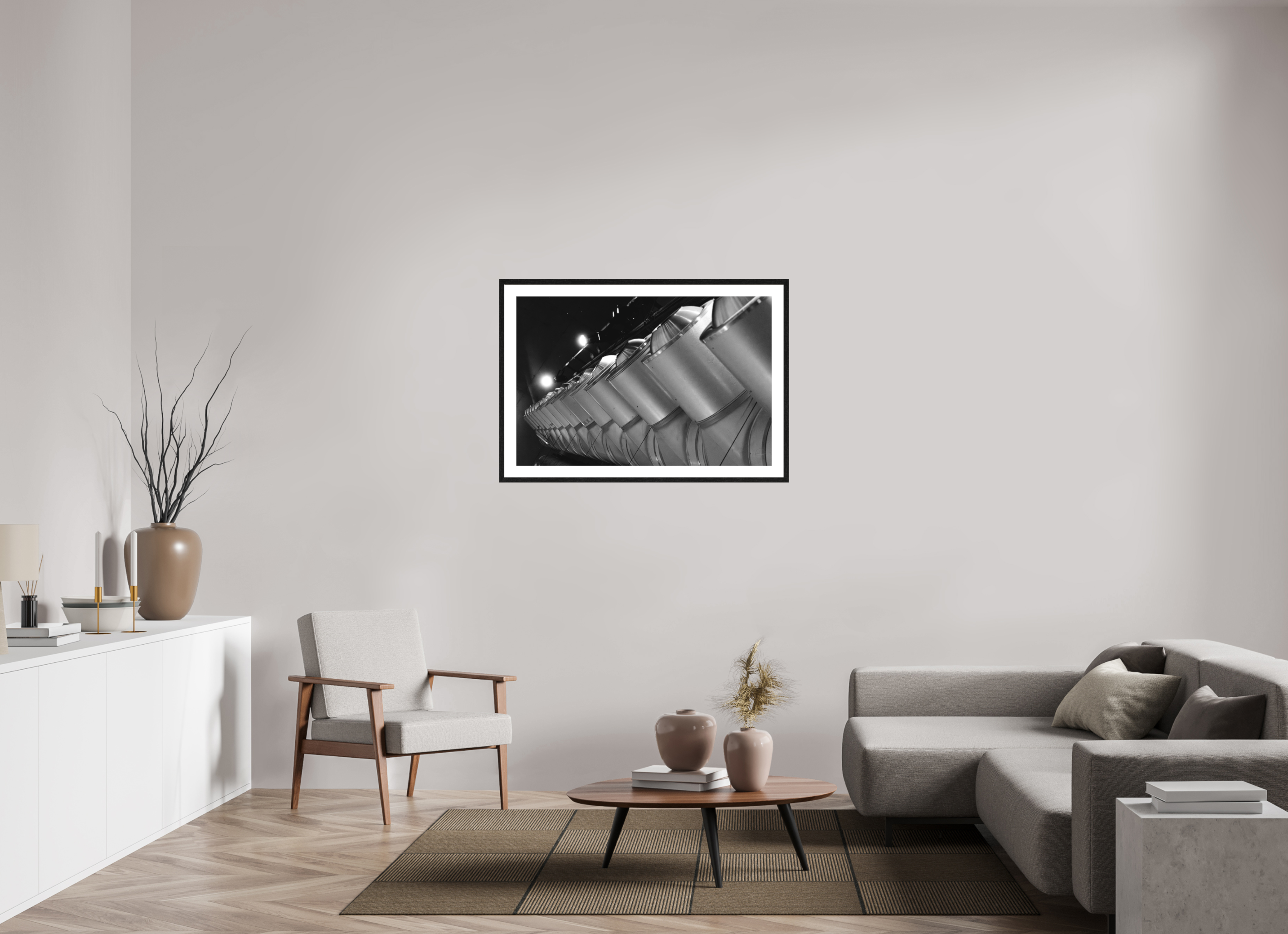 105 x 70 cm, Tirage N&B mat + Cadre noir avec passe-partout Perspective Métallique
