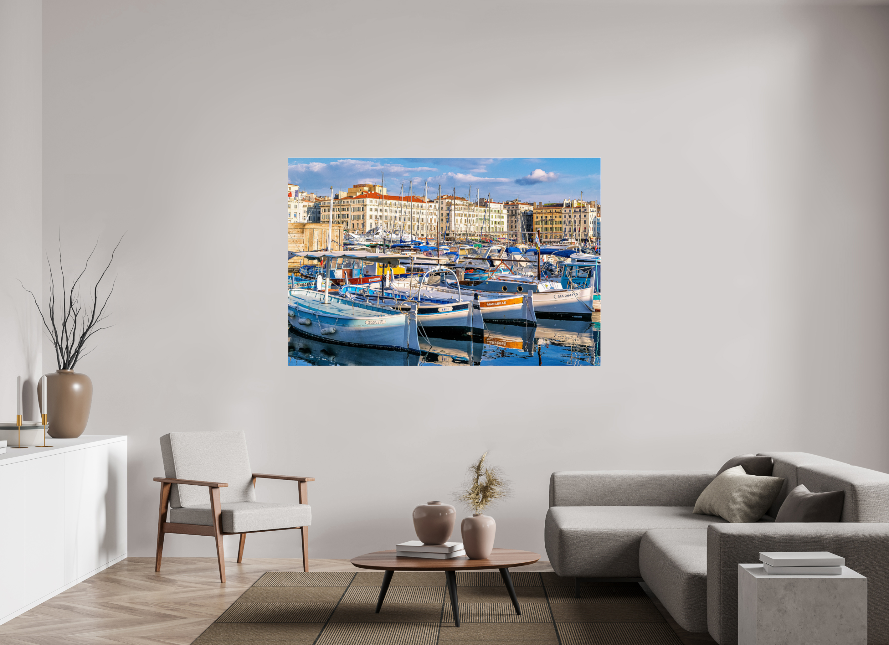 180 x 120 cm, Tirage sous plexi Barques et Vieux Port