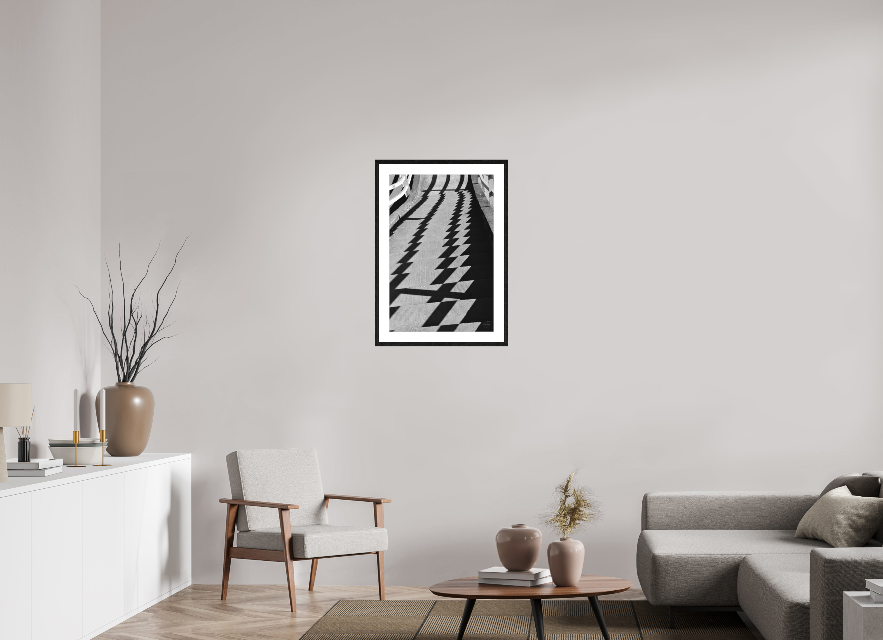 50 x 75 cm, Tirage N&B mat + Cadre noir avec passe-partout Fréquence Descendante | Poster Noir et Blanc Abstrait & Architecture Minimaliste