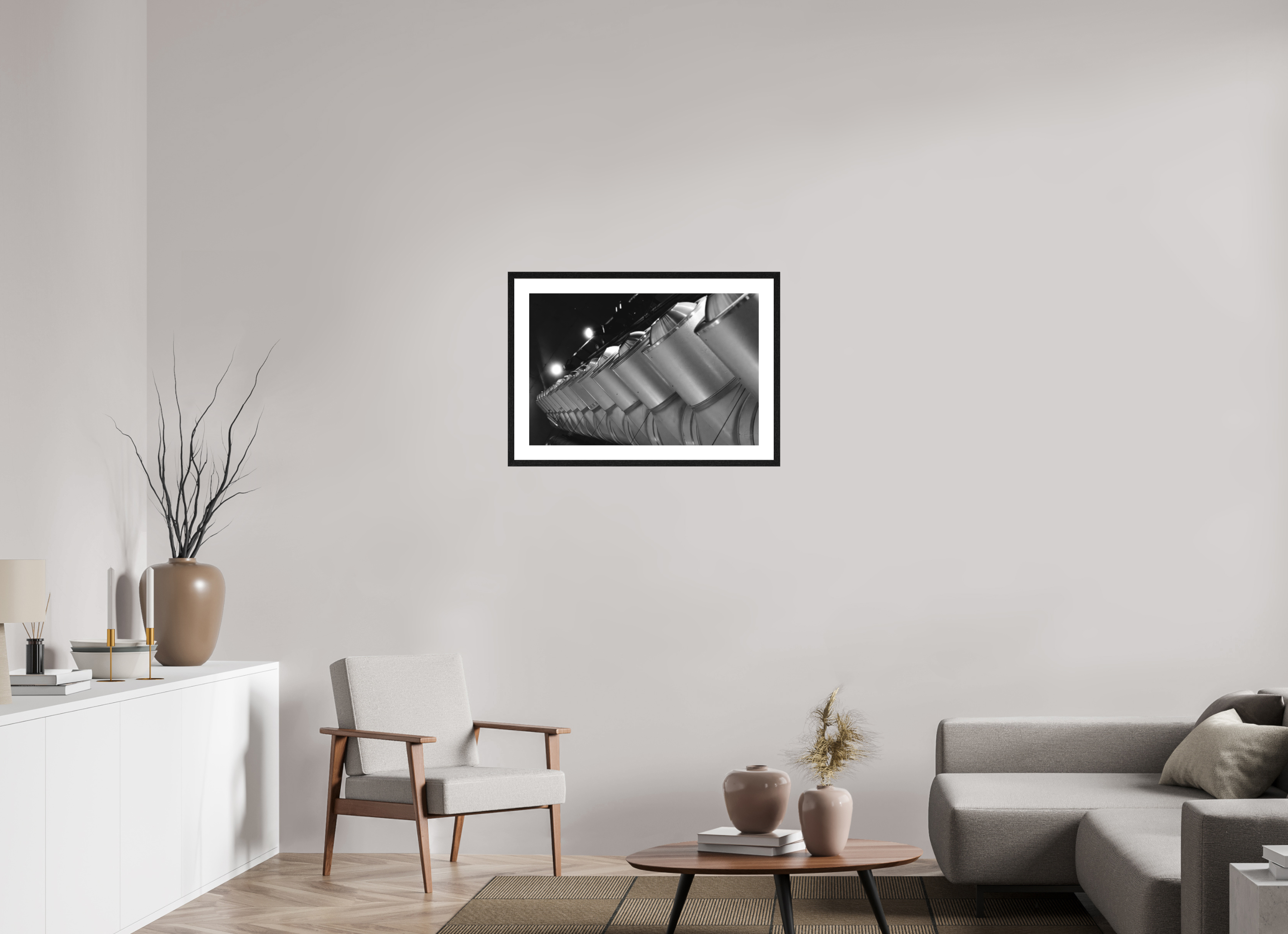 75 x 50 cm, Tirage N&B mat + Cadre noir avec passe-partout Perspective Métallique