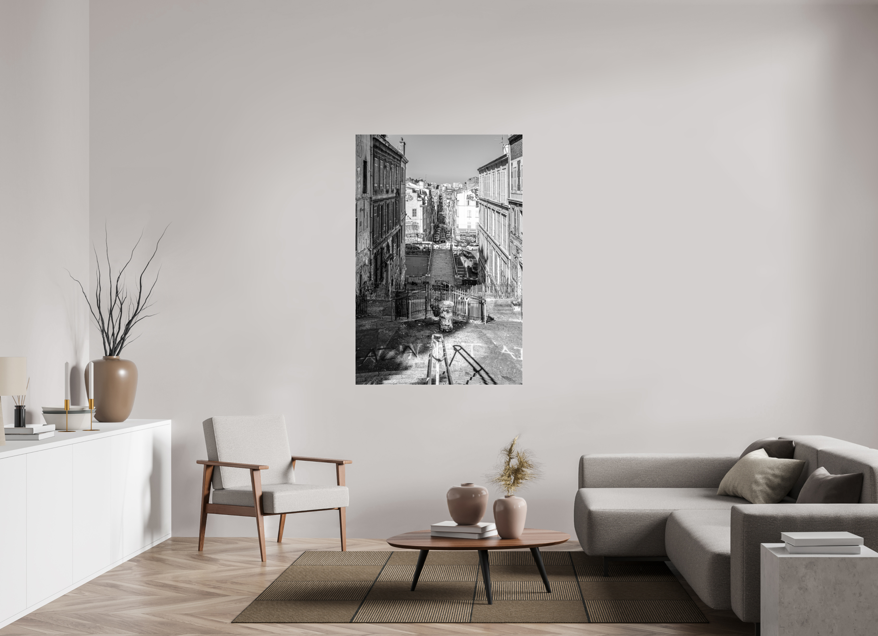 100 x 150 cm, Tirage N&B sous Plexi Affiche urbaine – Perspective Marseillaise