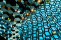 Architecture en verre et miroirs aux formes hexagonales et lumières graphiques