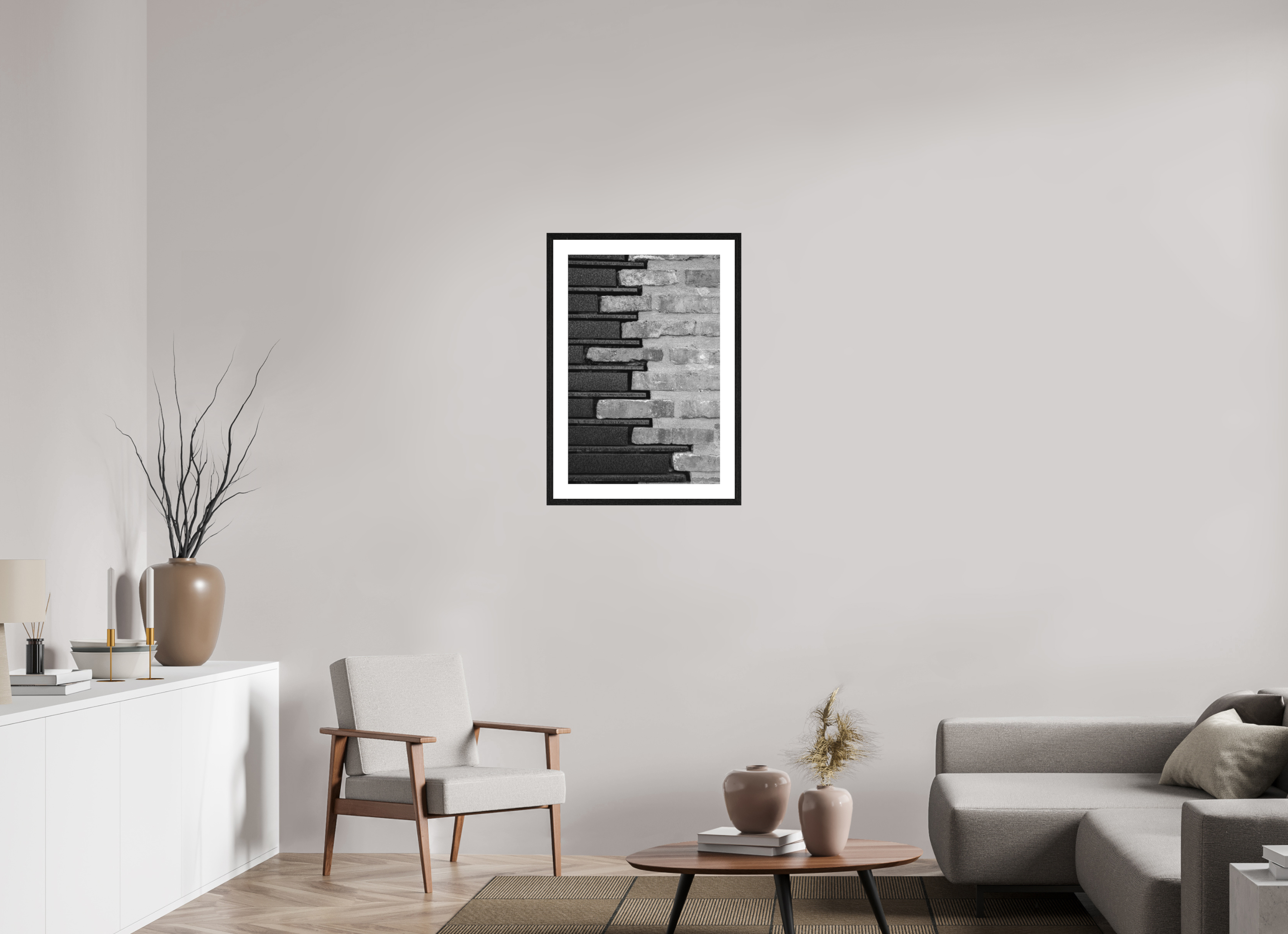 50 x 75 cm, Tirage N&B mat+ cadre noir avec passe-partout Le mariage de la pierre et de l’acier