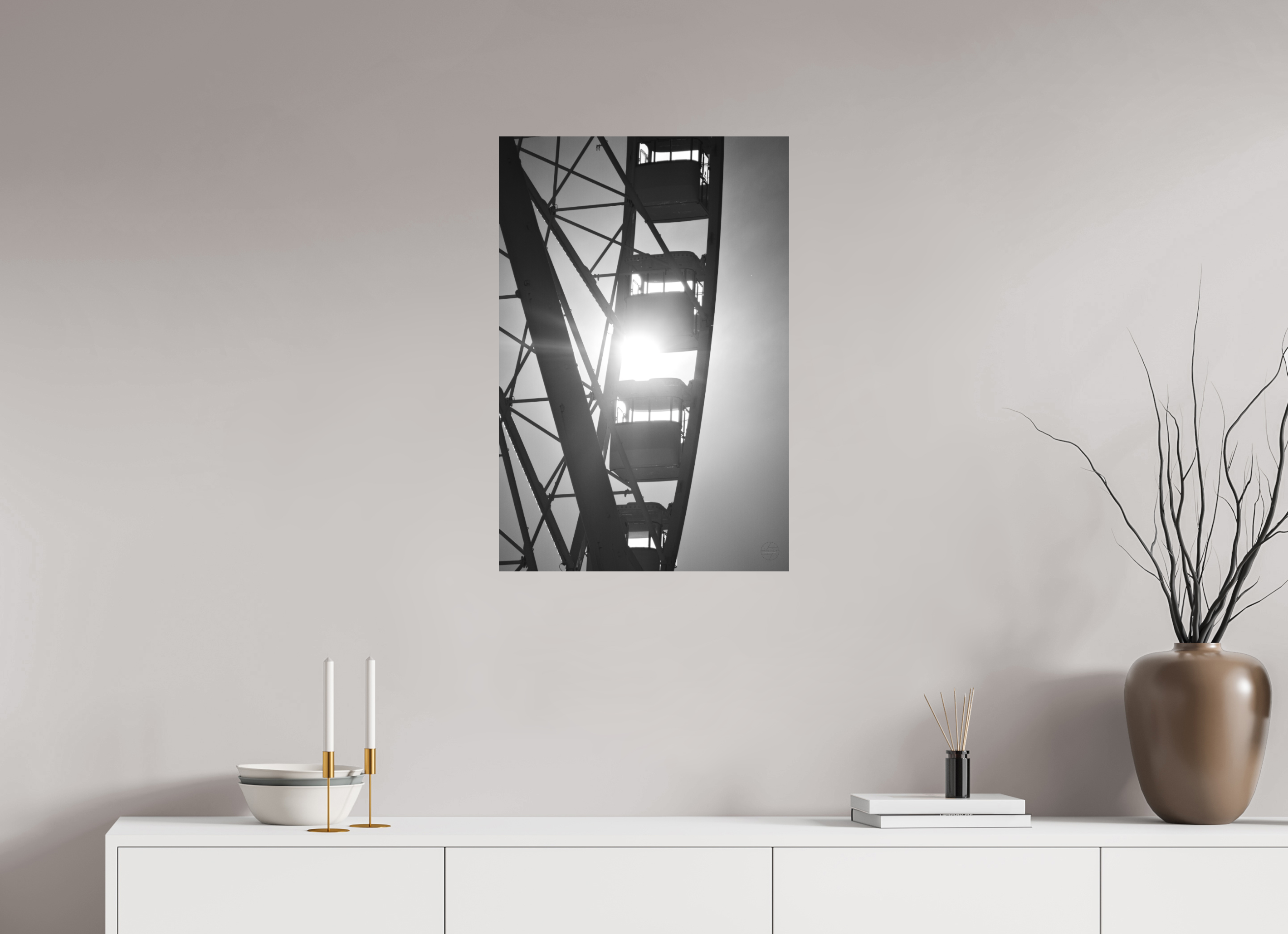 50 x 75 cm, Tirage N&B mat seul Affiche noir et blanc – Roue suspendue dans la lumière