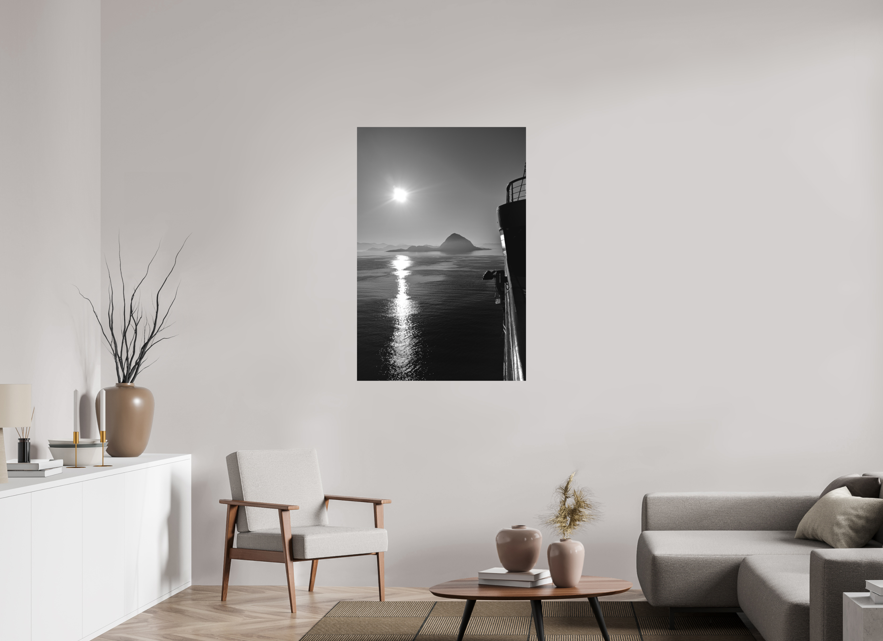 80 x 120 cm, Tirage N&B mat seul Soleil Noir | Poster Noir et Blanc Océan & Horizon Minimaliste