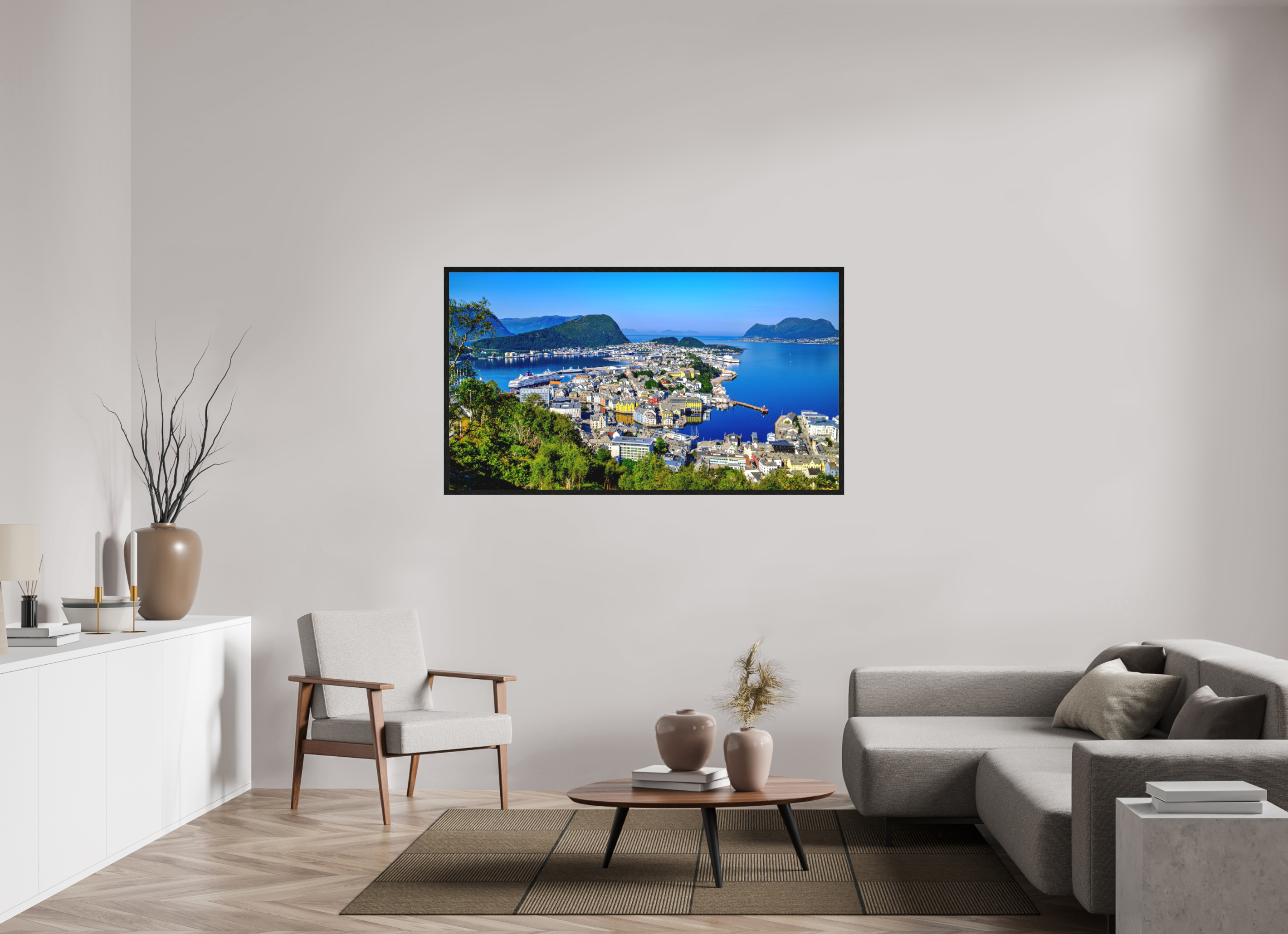 160 x 90 cm, Tirage grand format encadré Entre Fjords et Lumière | Poster Panoramique Paysage Nordique