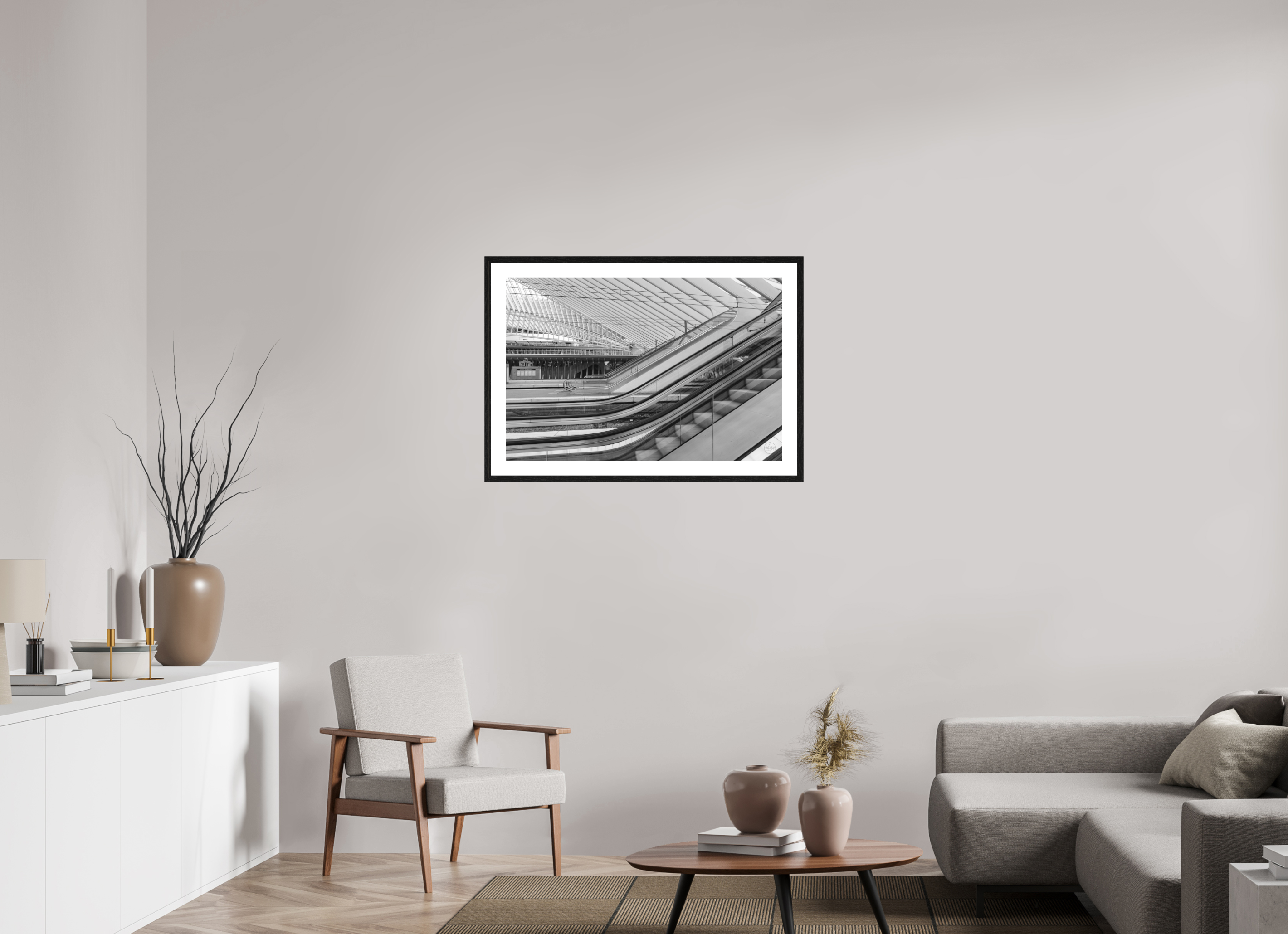 90 x 60 cm, Tirage N&B mat + Cadre noir avec passe-partout Photo architecture – Lignes en mouvement