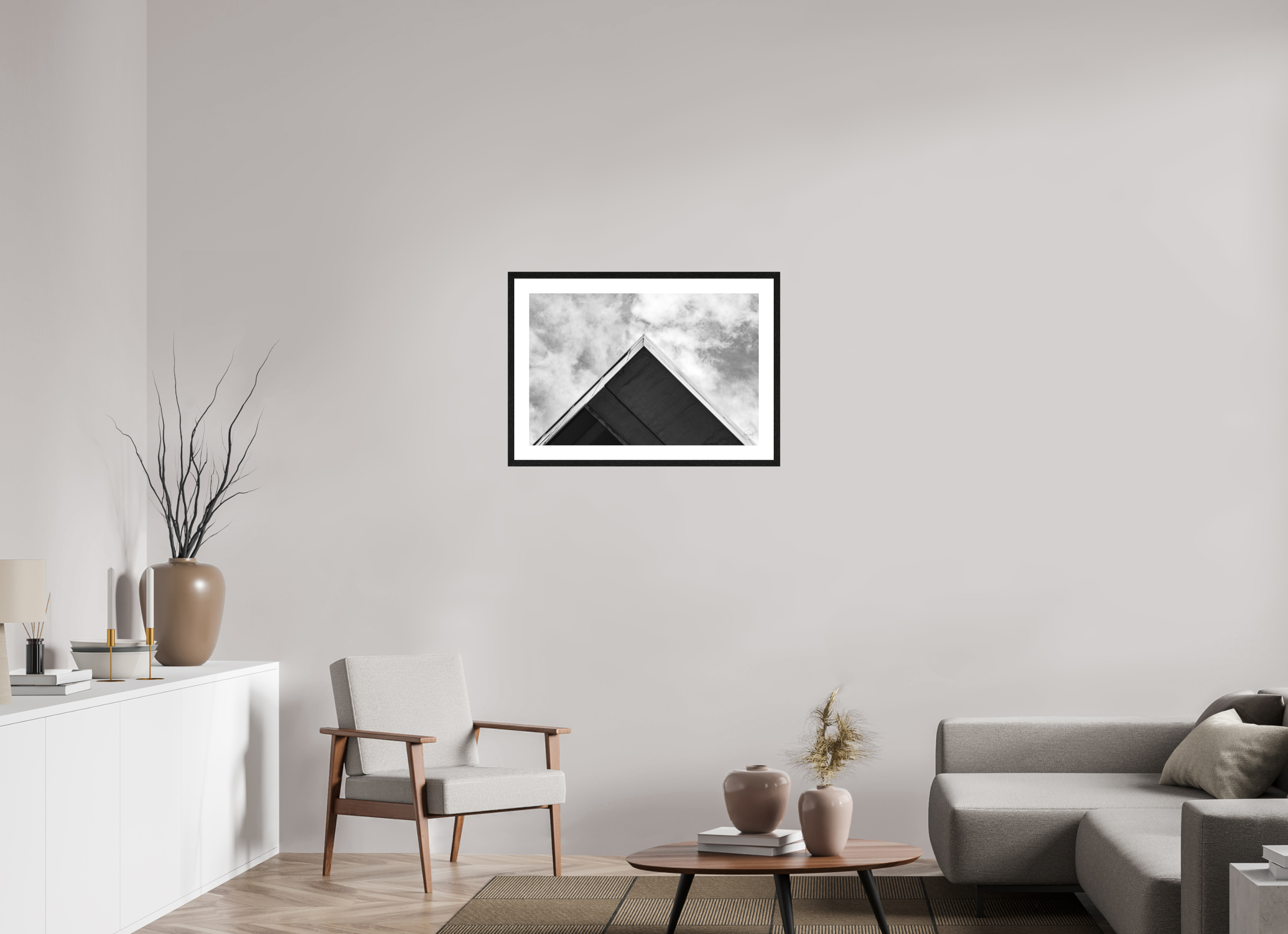 75 x 50 cm, Tirage N&B mat + Cadre noir avec passe-partout Pyramide - Décoration murale contemporaine