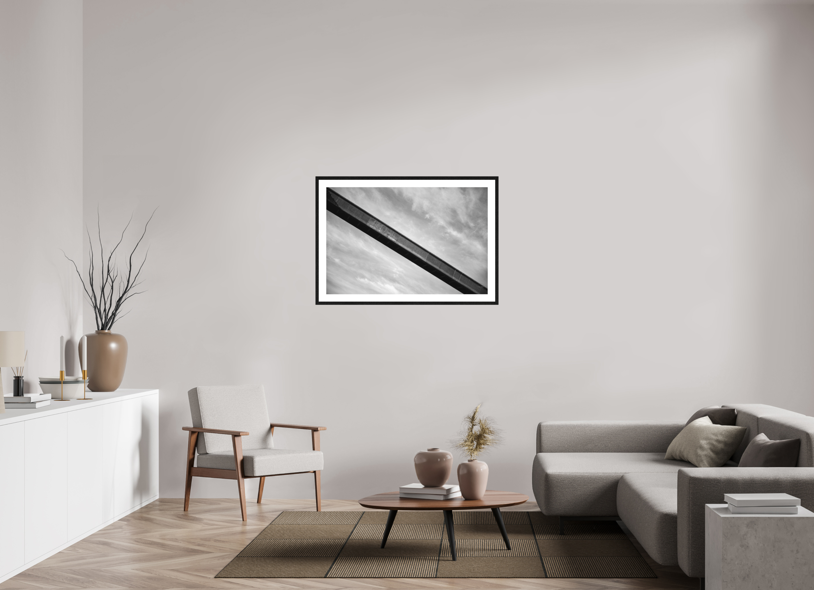 105 x 70 cm, Tirage N&B mat+ cadre noir avec passe-partout Poster - La passerelle