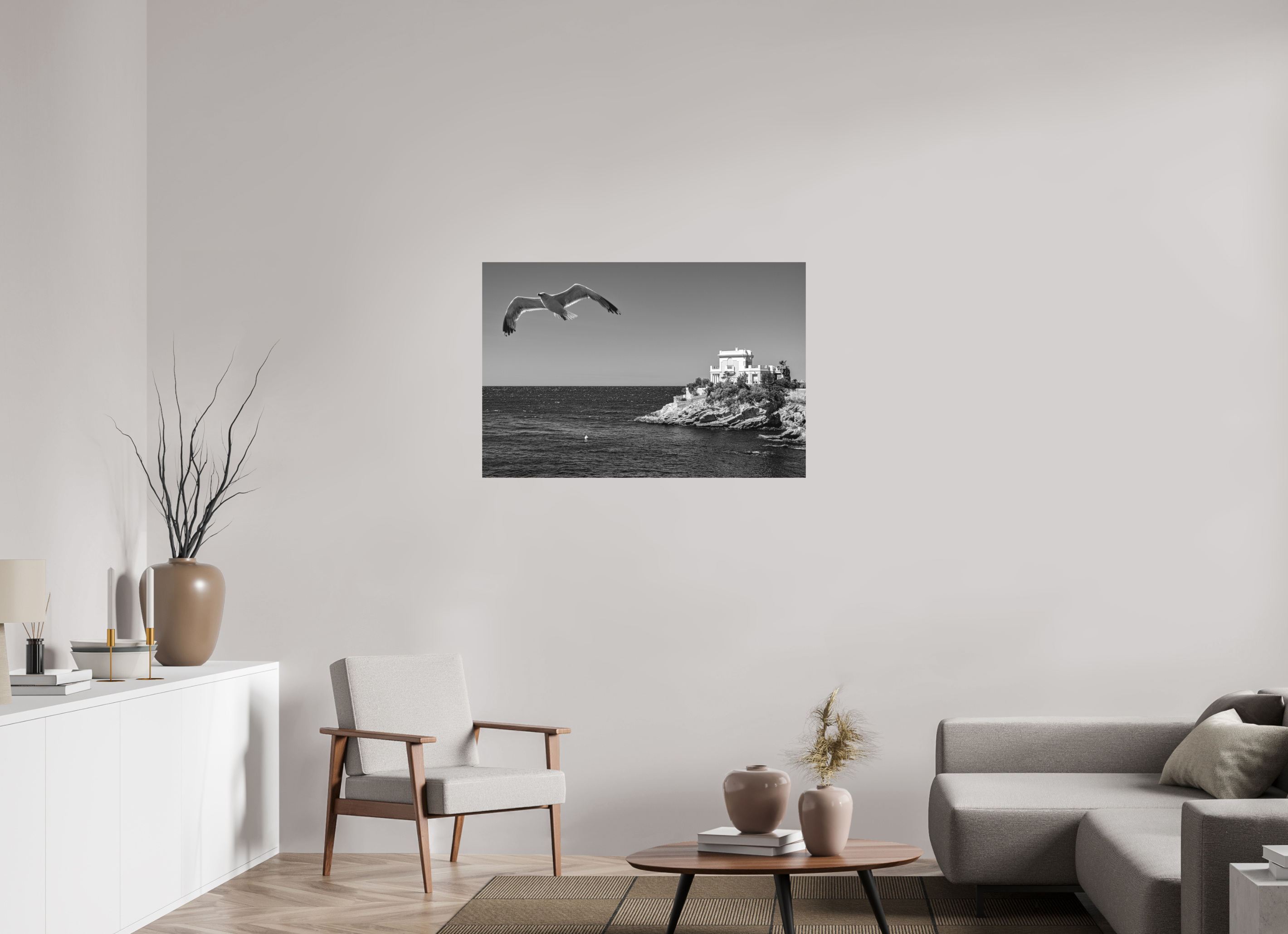 105 x 70 cm, Tirage N&B mat seul La maison, l'oiseau et la mer