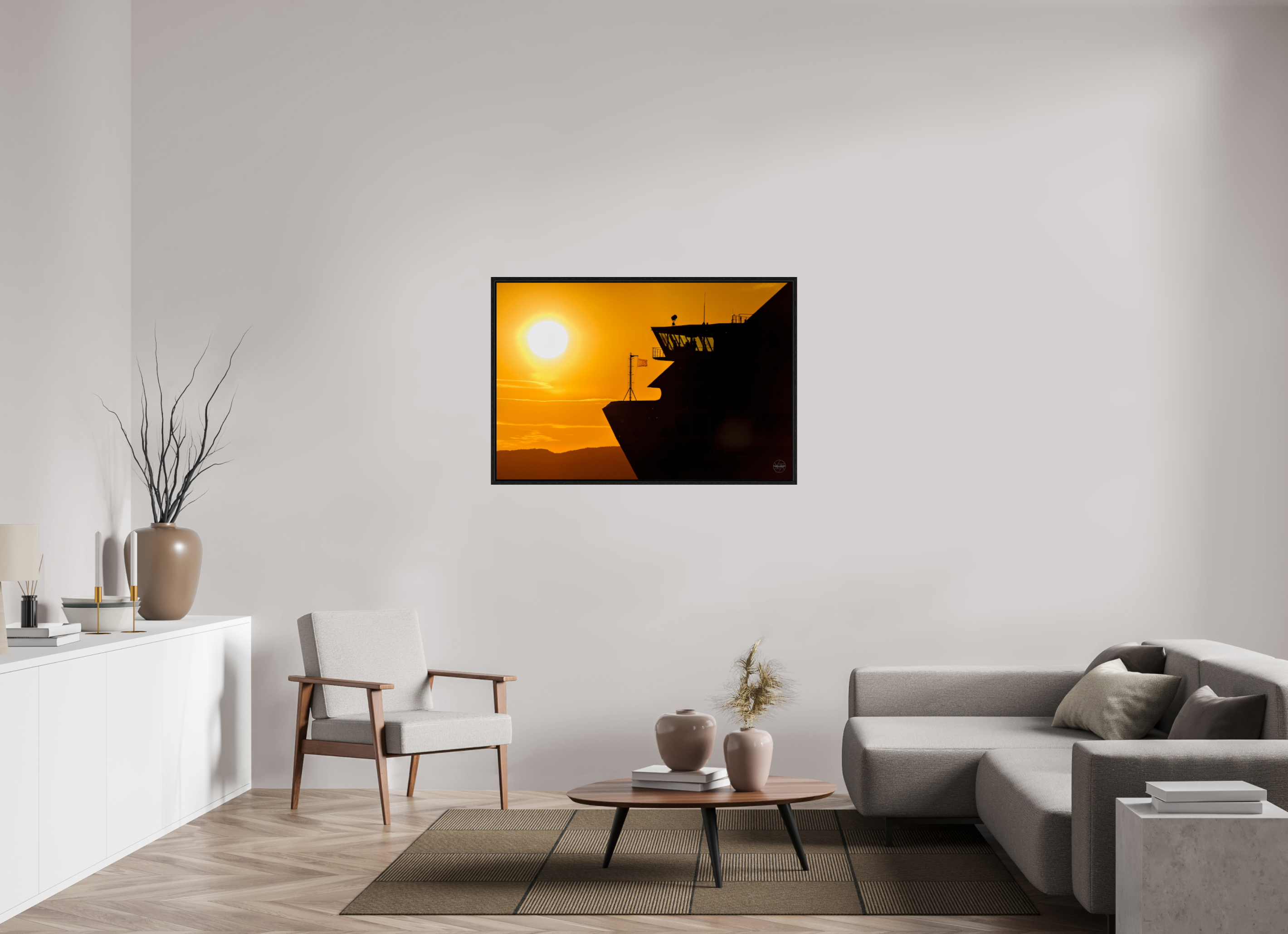 120 x 80 cm, Tirage couleur dans Caisse américaine noire Poster silhouette de ferry au coucher du soleil – Lumière dorée sur la mer