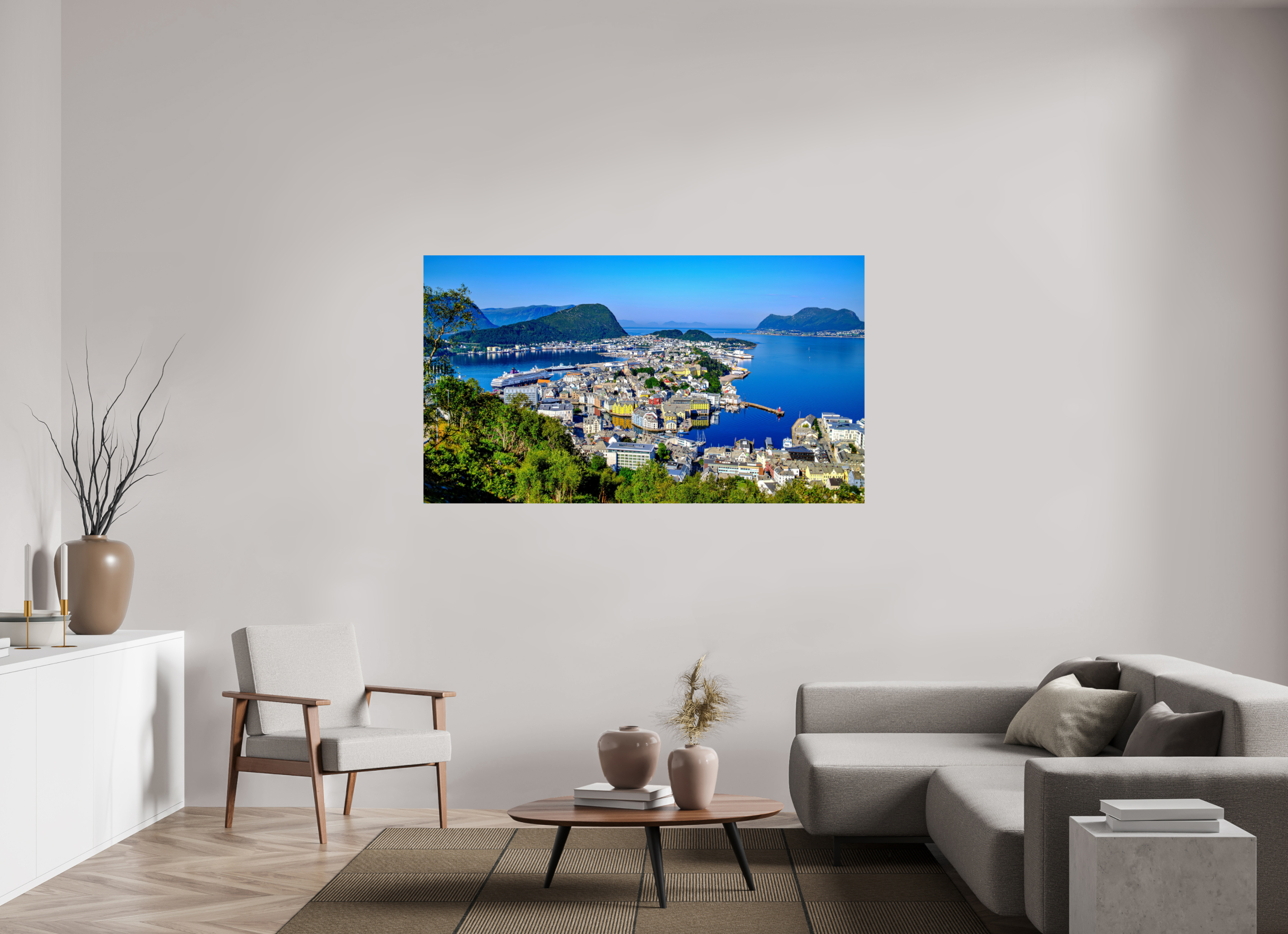 176 x 99 cm, Tirage couleur brillant seul Entre Fjords et Lumière | Poster Panoramique Paysage Nordique