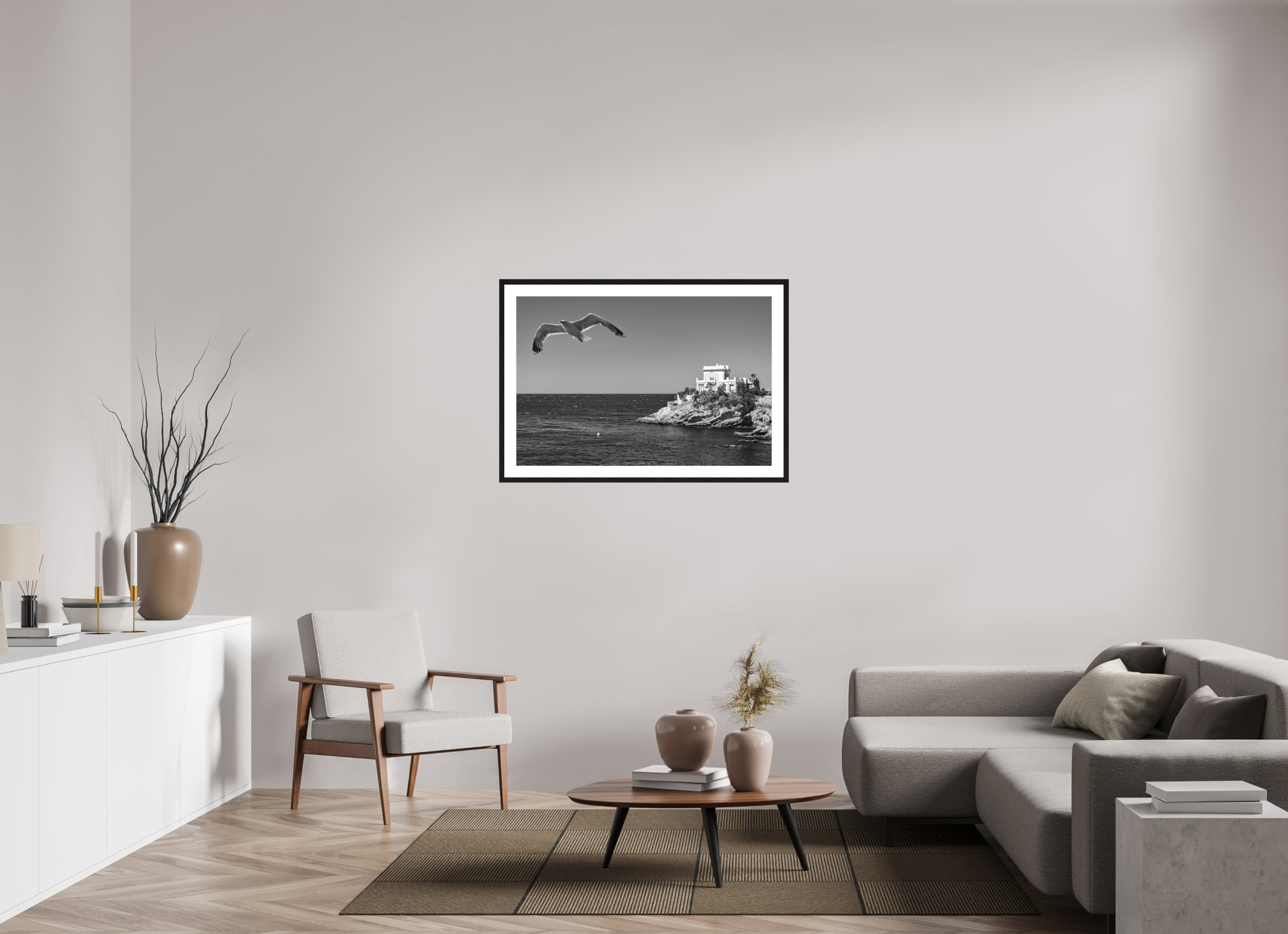 105 x 70 cm, Tirage N&B mat+ cadre noir avec passe-partout La maison, l'oiseau et la mer