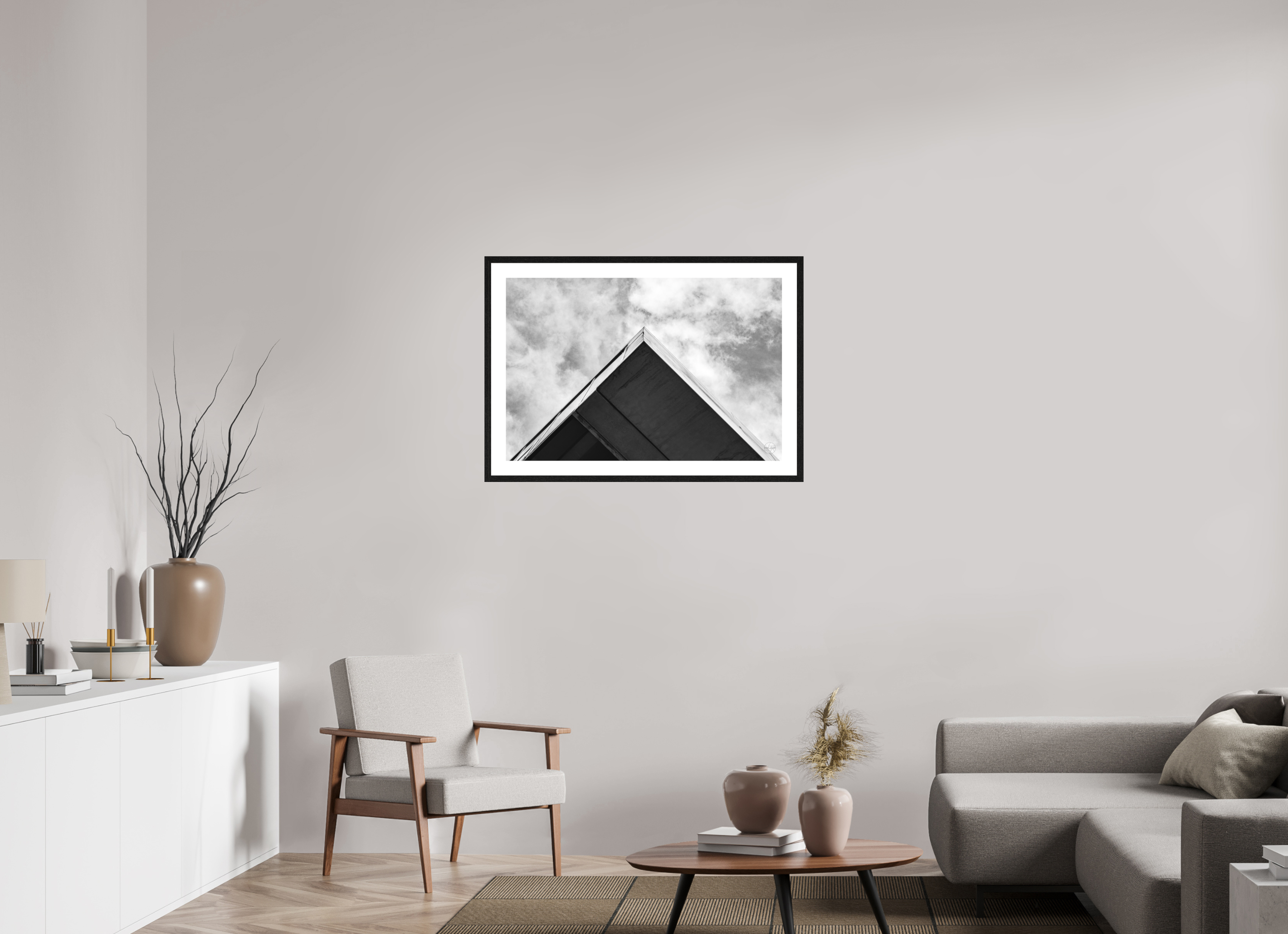 90 x 60 cm, Tirage N&B mat + Cadre noir avec passe-partout Pyramide - Décoration murale contemporaine