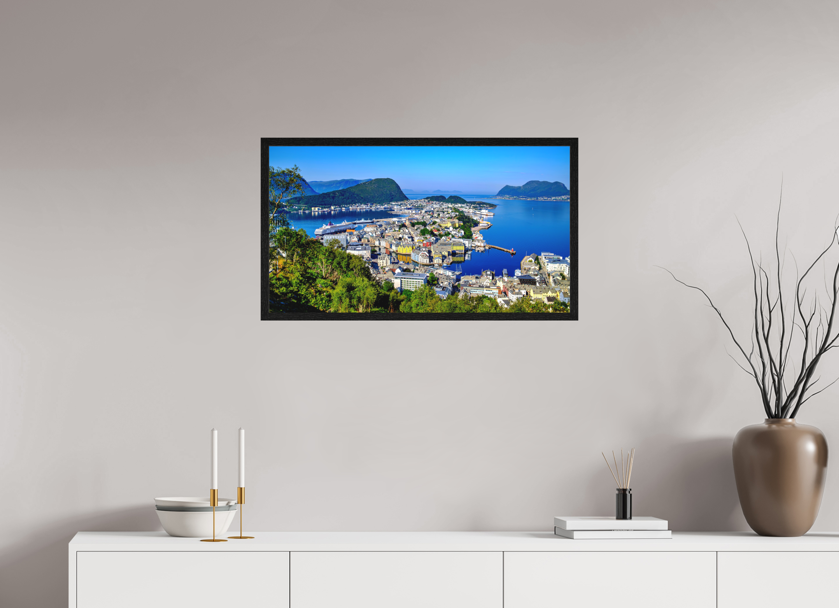 80 x 45 cm, Tirage grand format encadré Entre Fjords et Lumière | Poster Panoramique Paysage Nordique