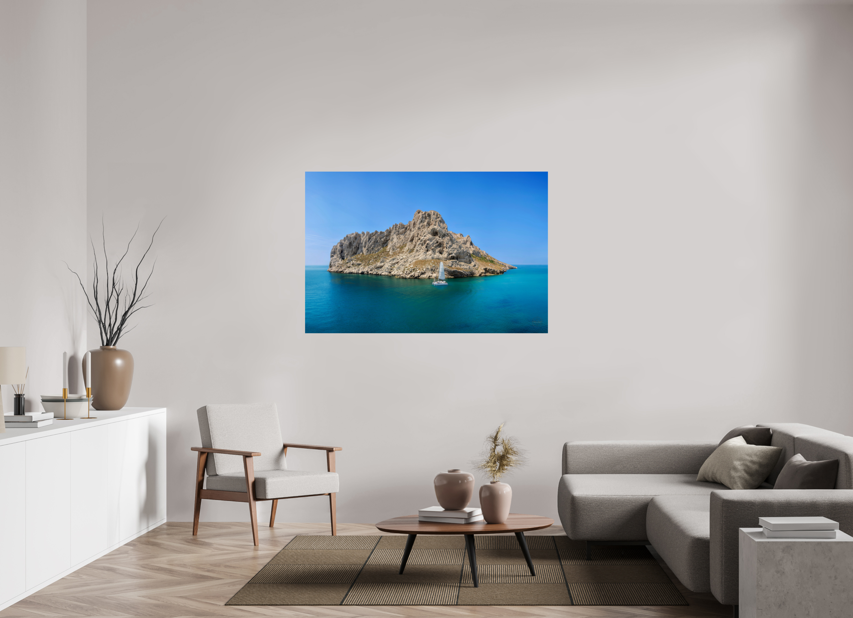 150 x 100 cm, Tirage couleur brillant seul Poster - Voilier au pied de l'îles Maïre à Marseille