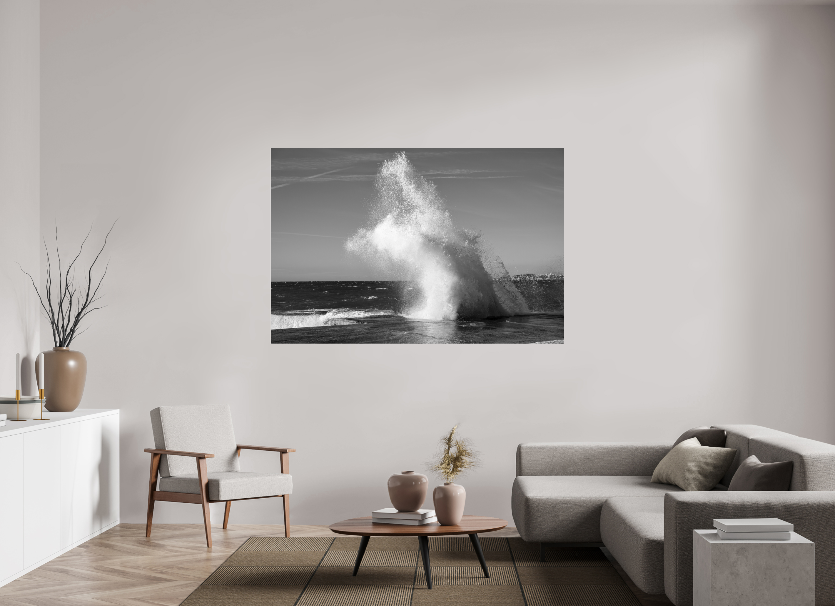 180 x 120 cm, Tirage N&B sous Plexi Poster noir et blanc – Éclat de vague