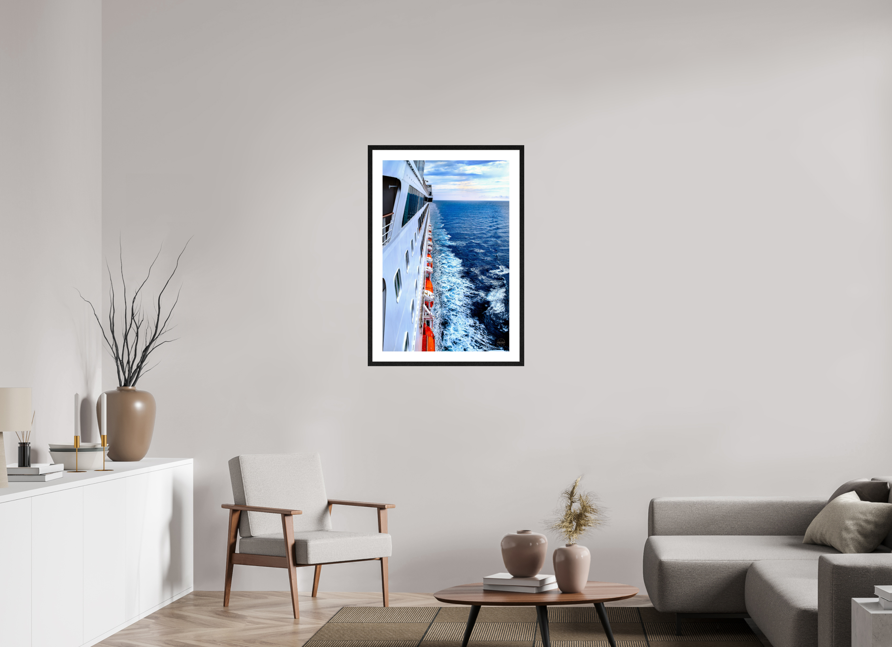 60 x 90 cm, Tirage couleur brillant + Cadre noir avec passe-partout Sillage Infini | Poster Océan & Voyage Contemporain