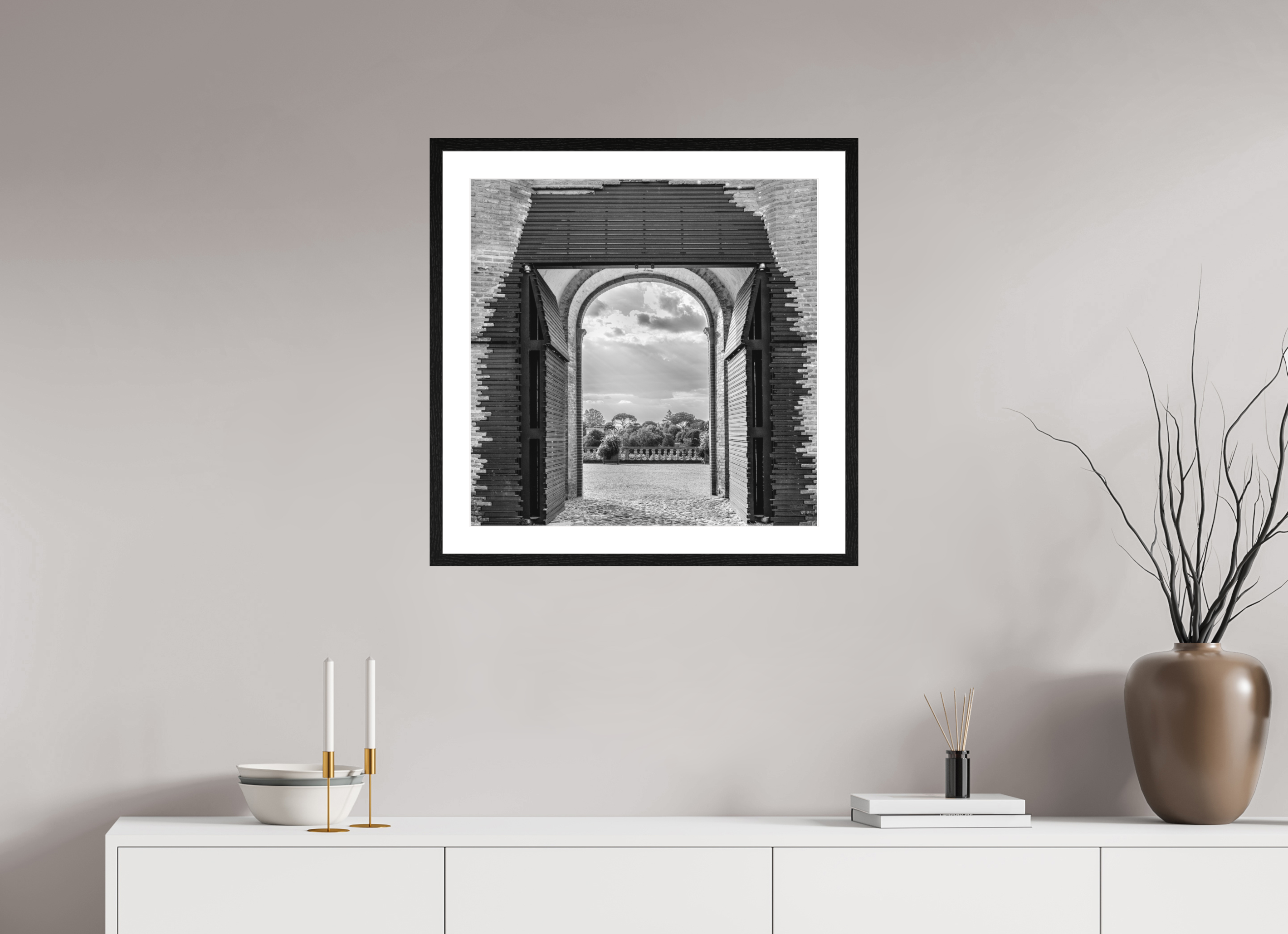 60 x 60 cm, Tirage N&B mat + Cadre noir avec passe-partout Affiche artistique – La Montée des Canons