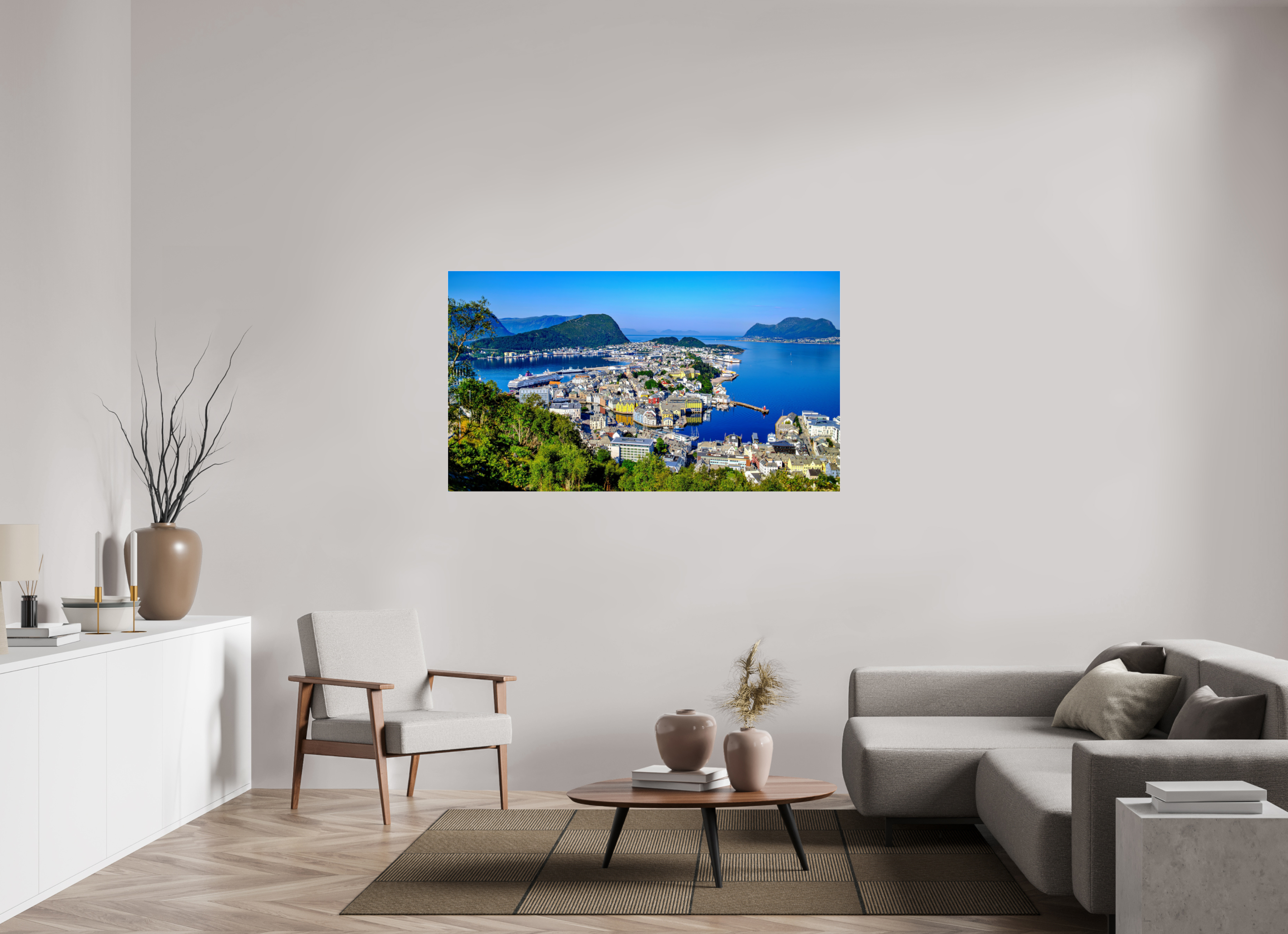 160 x 90 cm, Tirage couleur sous Plexi Entre Fjords et Lumière | Poster Panoramique Paysage Nordique