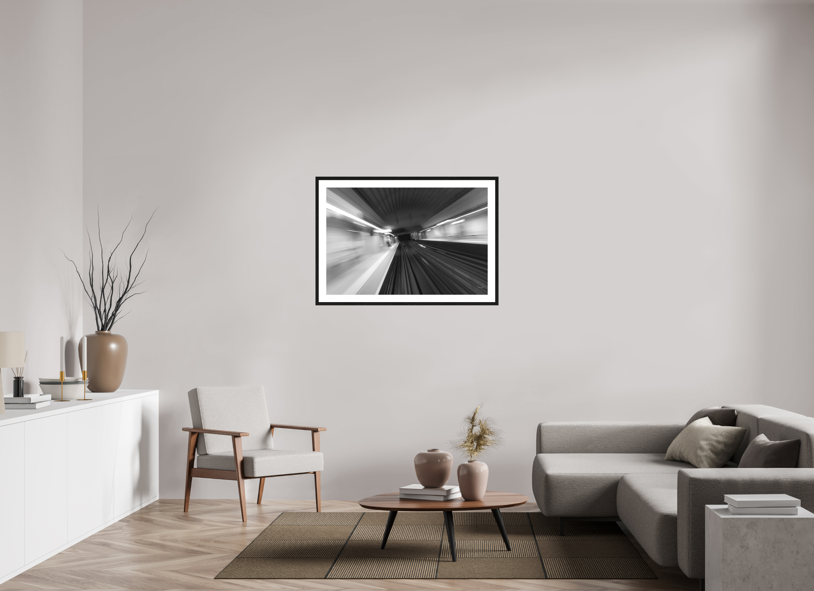 105 x 70 cm, Tirage N&B mat + Cadre noir avec passe-partout Vitesse Souterraine Poster Urbain Abstrait
