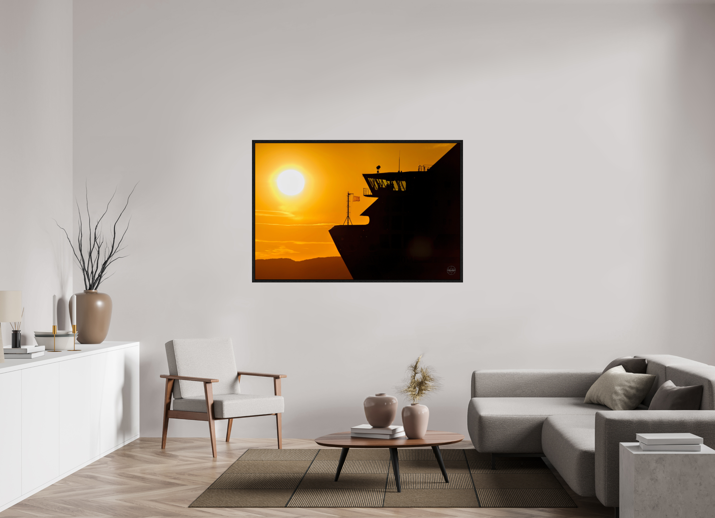 150 x 100 cm, Tirage couleur dans Caisse américaine noire Poster silhouette de ferry au coucher du soleil – Lumière dorée sur la mer