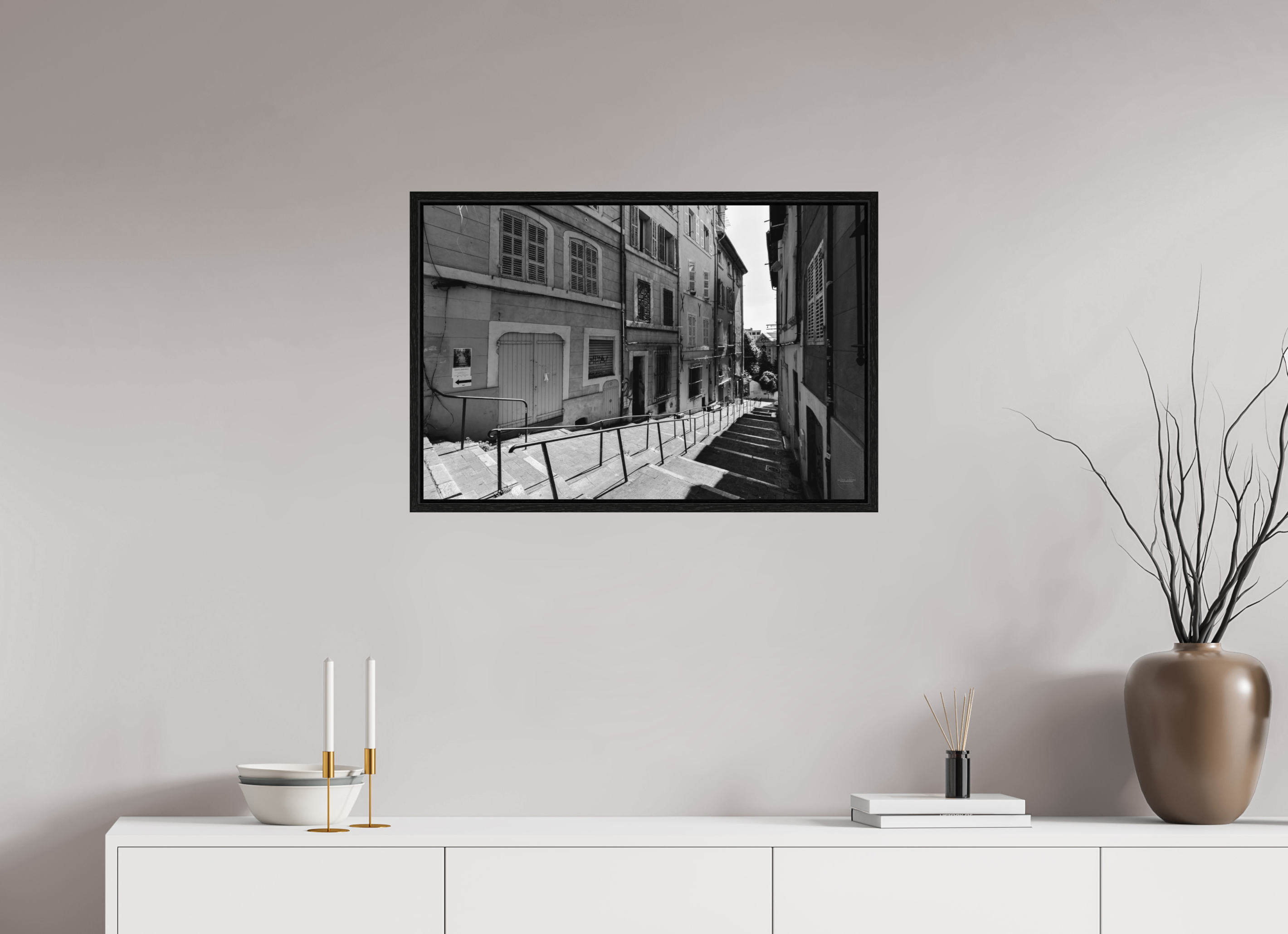 75 x 50 cm, Tirage N&B dans Caisse américaine noire Poster urbain – Escaliers du silence