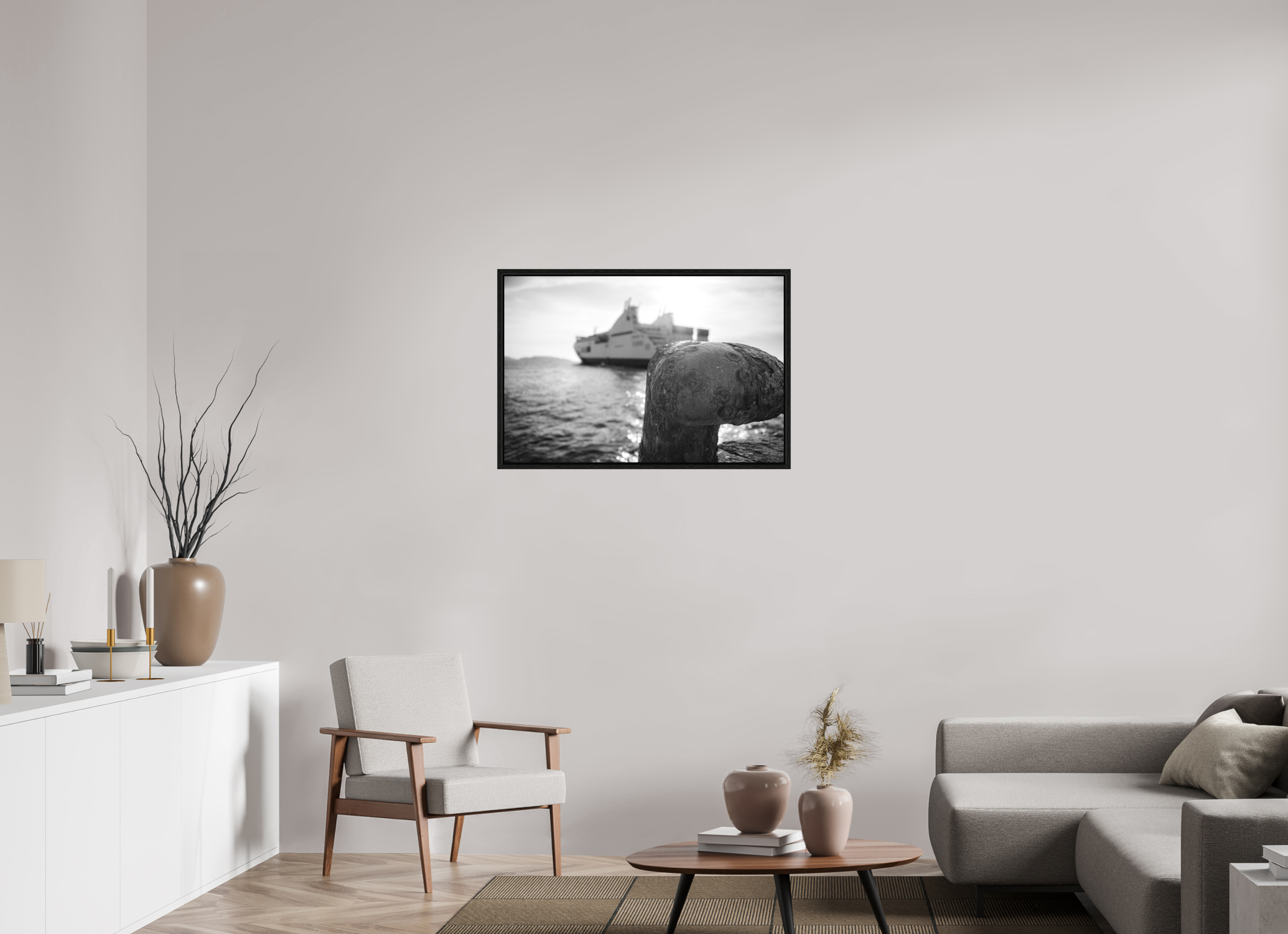 90 x 60 cm, Tirage N & B dans Caisse américaine noire Affiche photo – Larguer les amarres