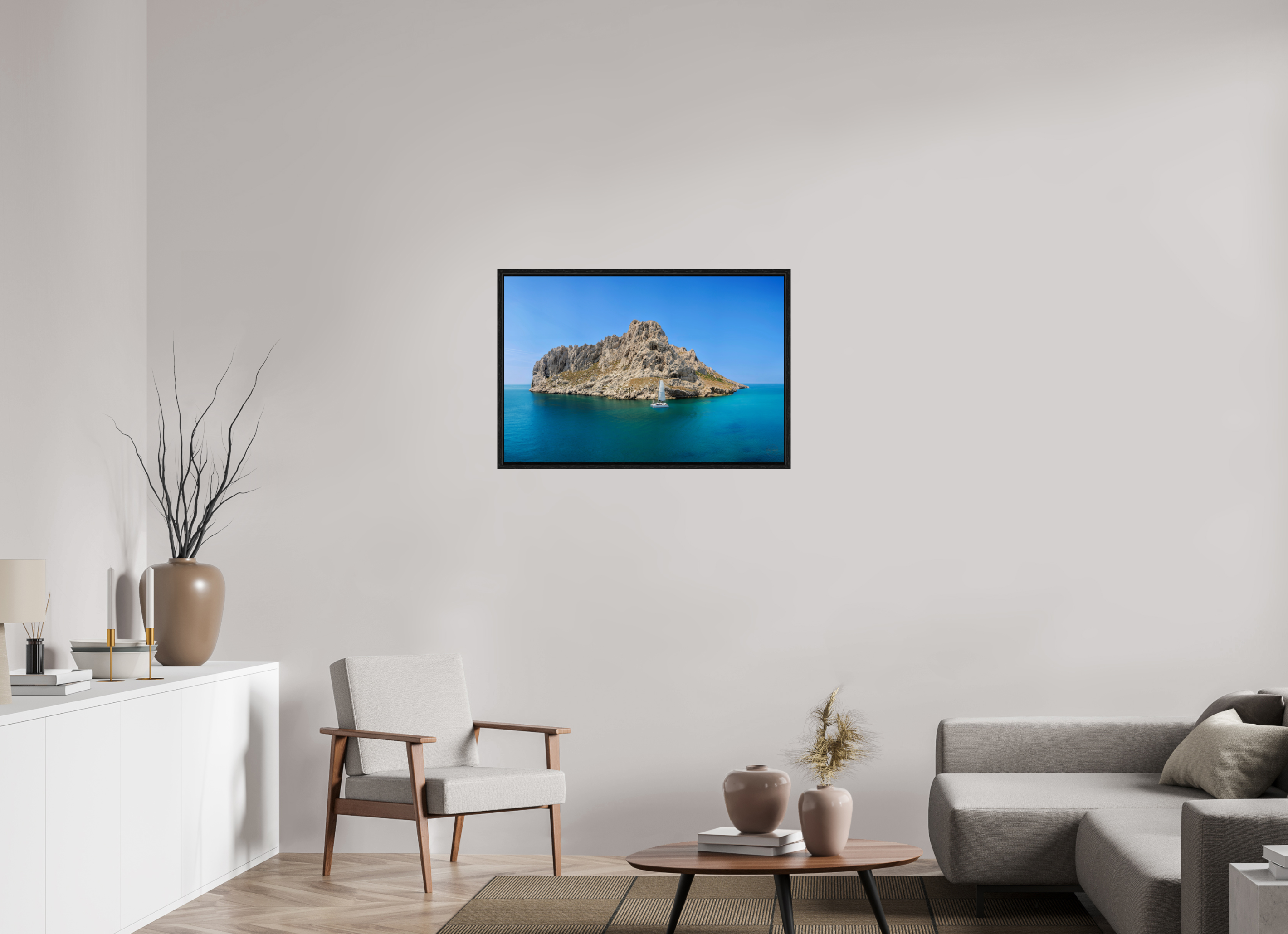 90 x 60 cm, Tirage couleur dans Caisse américaine noire Poster - Voilier au pied de l'îles Maïre à Marseille