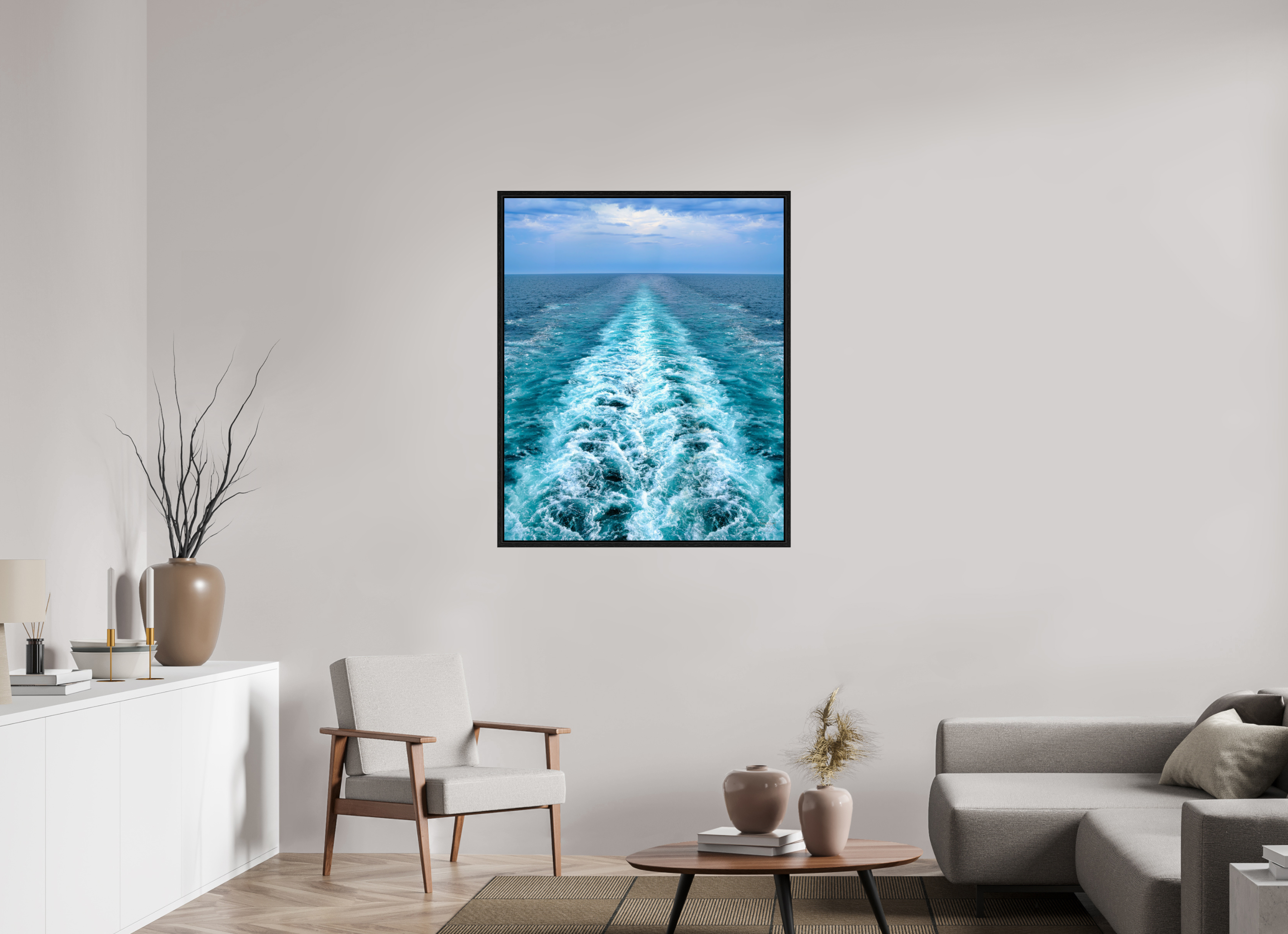 90 x 110,3 cm, Tirage couleur dans Caisse américaine noire Ligne d'Écume | Poster Océan Contemporain & Horizon Infini