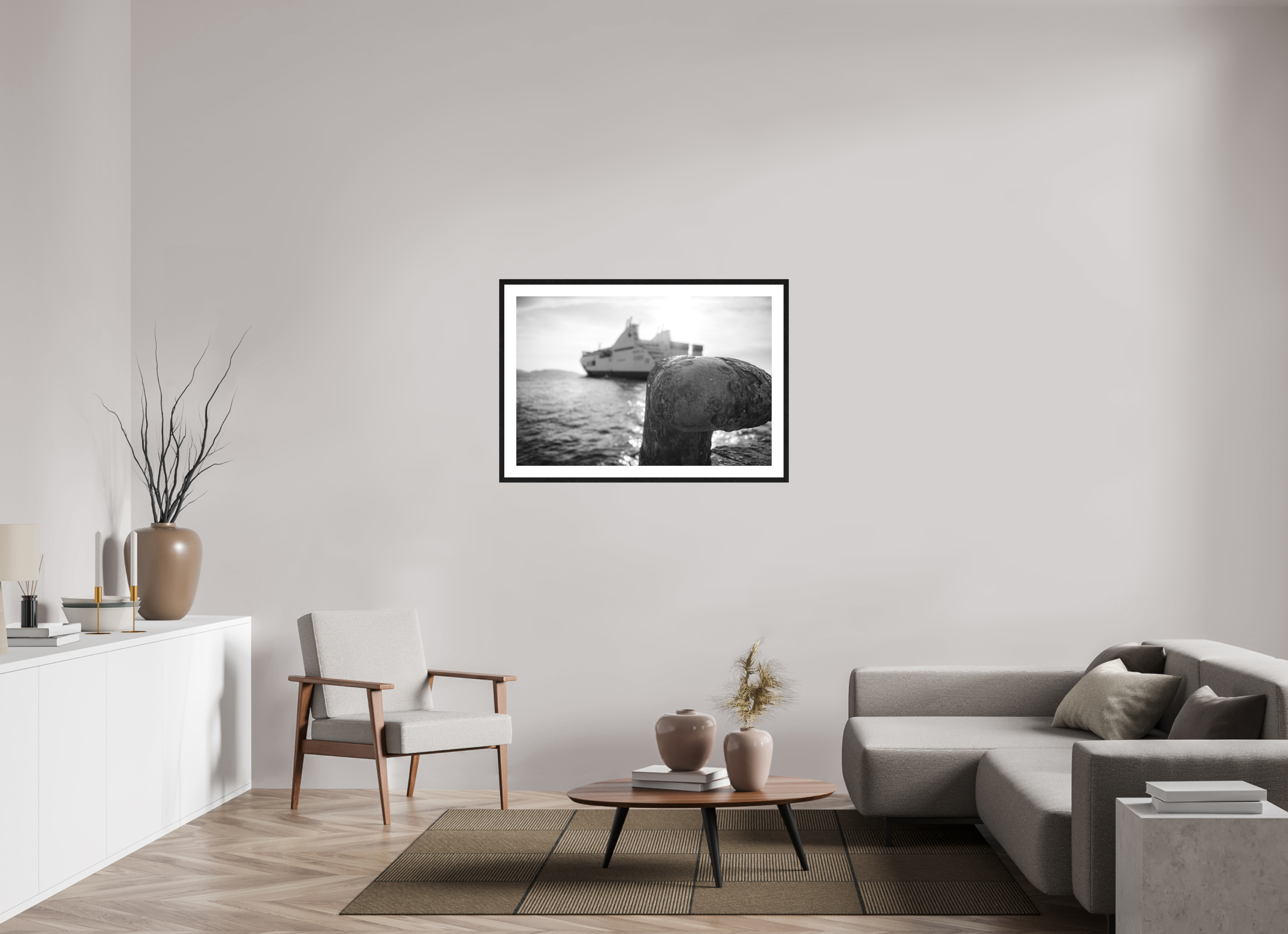 105 x 70 cm, Tirage N&B mat+ cadre noir avec passe-partout Affiche photo – Larguer les amarres