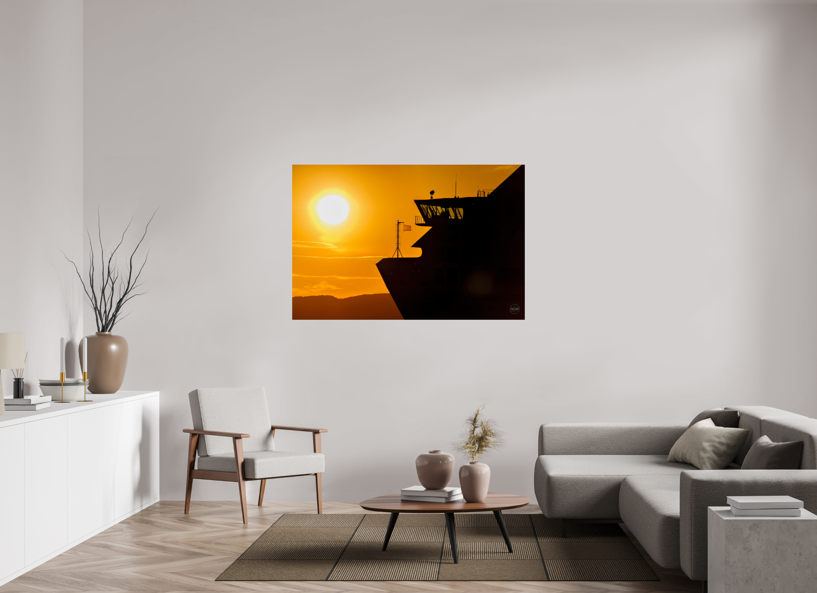 150 x 100 cm, Tirage couleur brillant seul Poster silhouette de ferry au coucher du soleil – Lumière dorée sur la mer