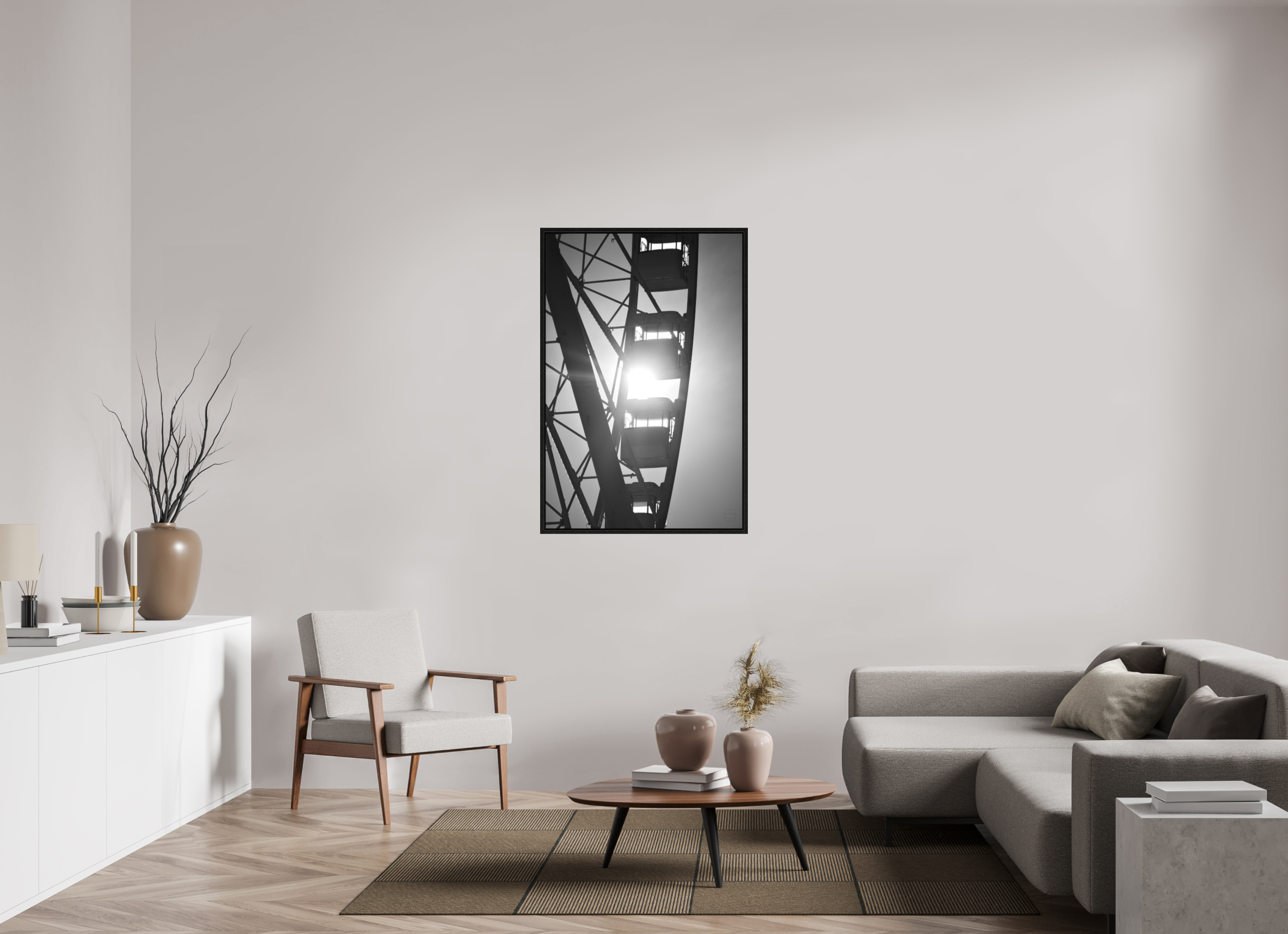 80 x 120 cm, Tirage N&B dans Caisse américaine noire Affiche noir et blanc – Roue suspendue dans la lumière