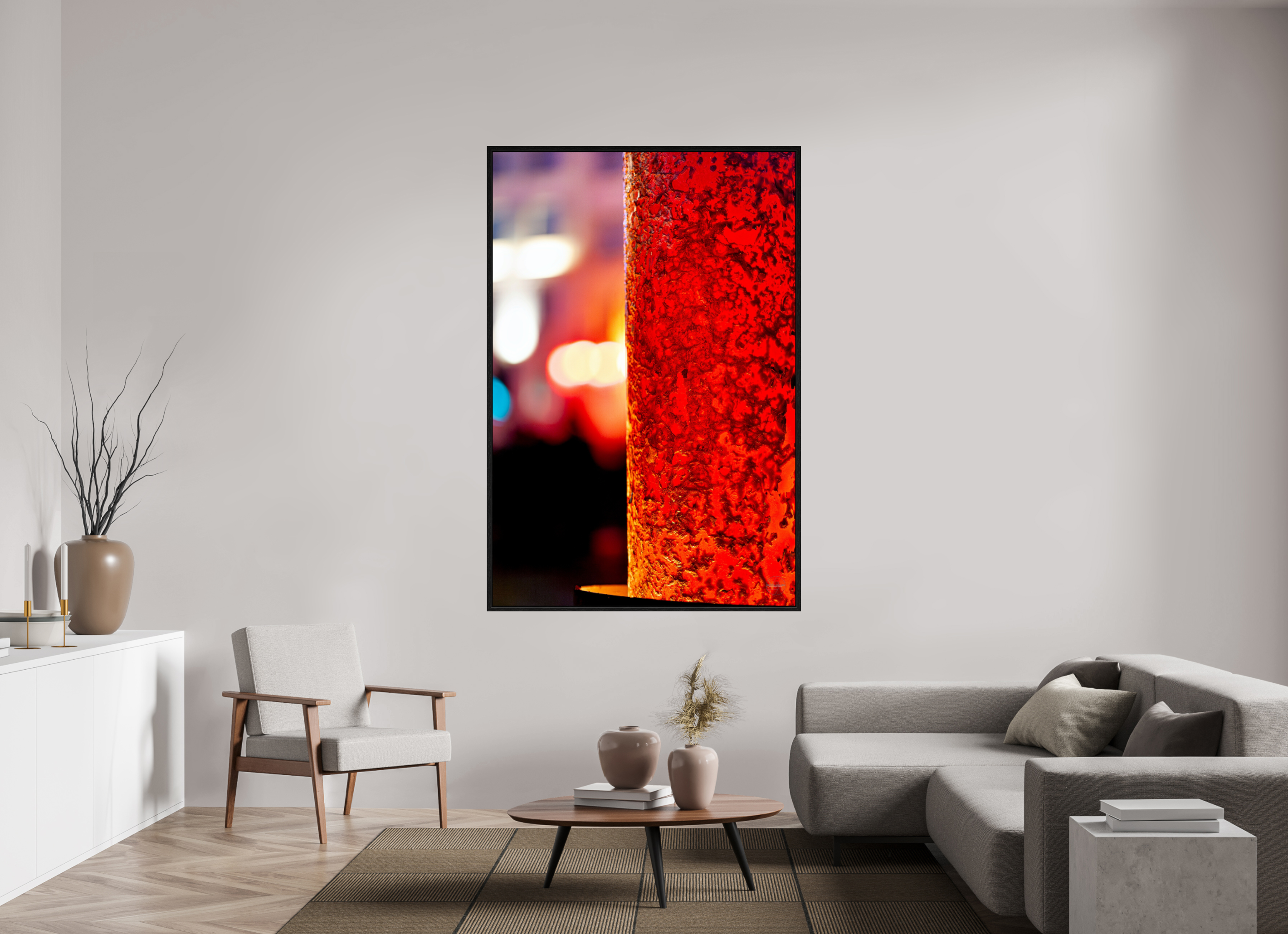 120 x 180 cm, Tirage couleur dans caisse américaine noire Photo décorative – Le fer et le feu