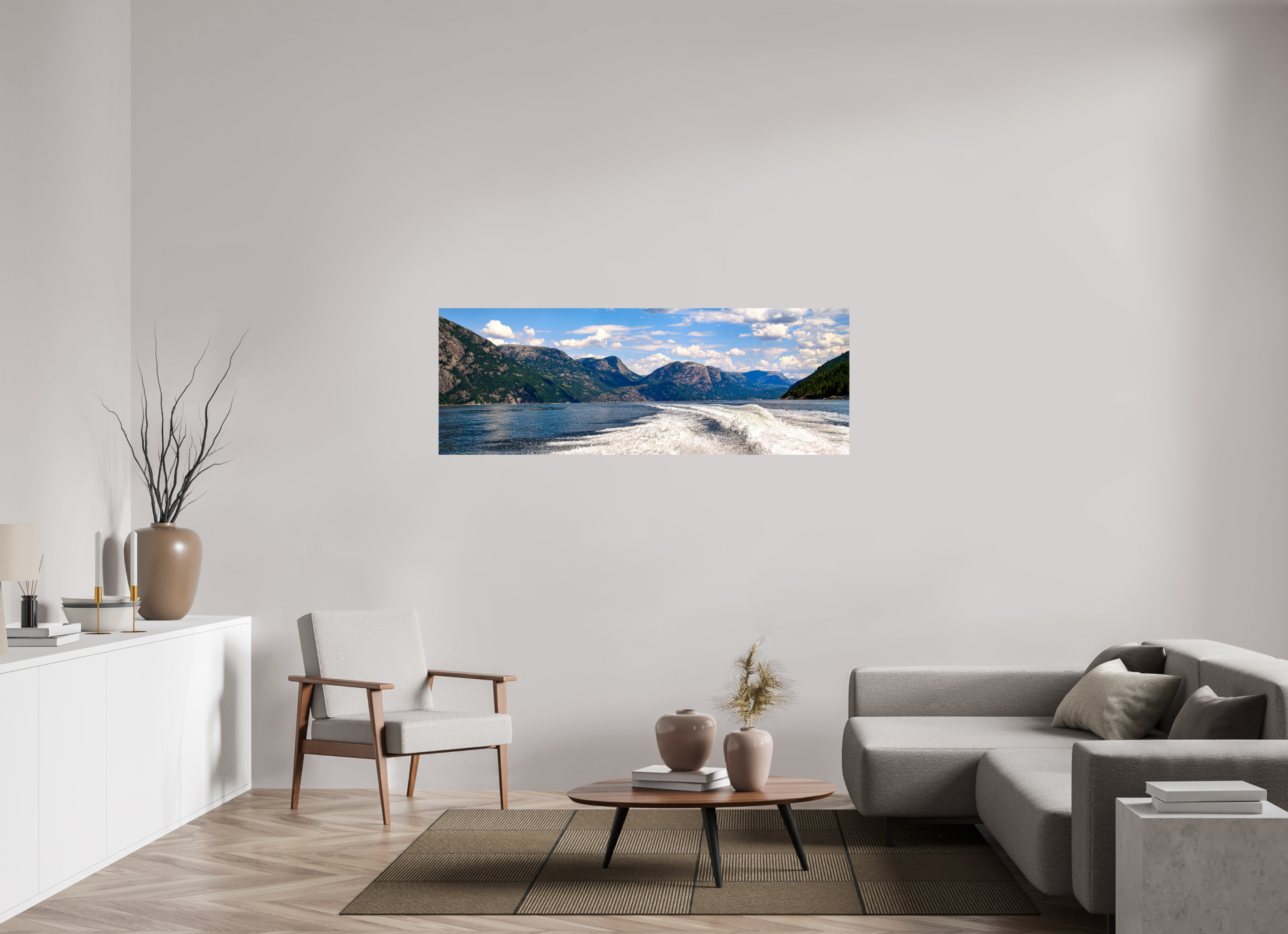 168 x 60 cm, Tirage couleur brillant seul Sillage des Fjords | Poster Panoramique Nature & Voyage