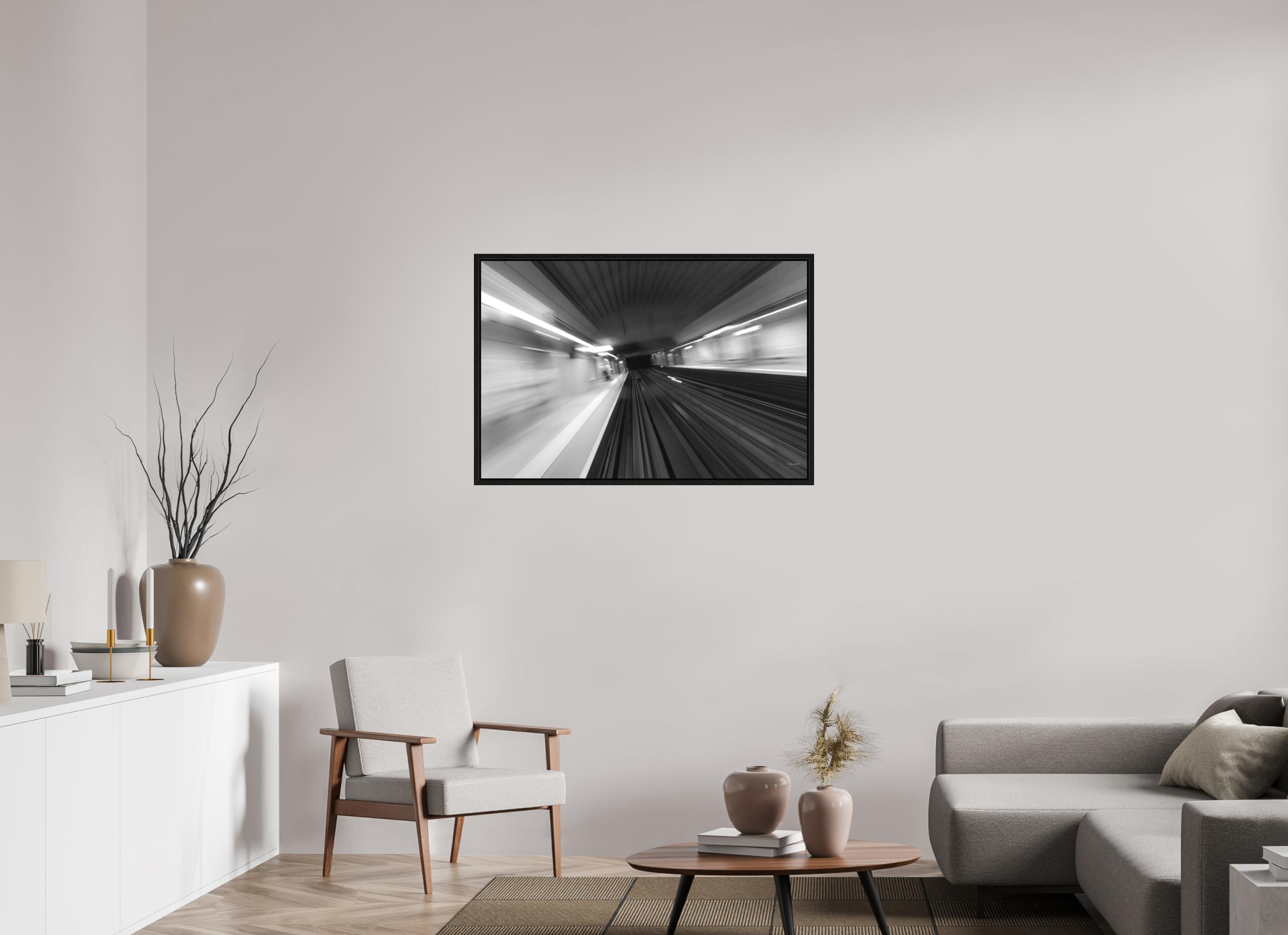 105 x 70 cm, Tirage N&B dans Caisse américaine noire Vitesse Souterraine Poster Urbain Abstrait