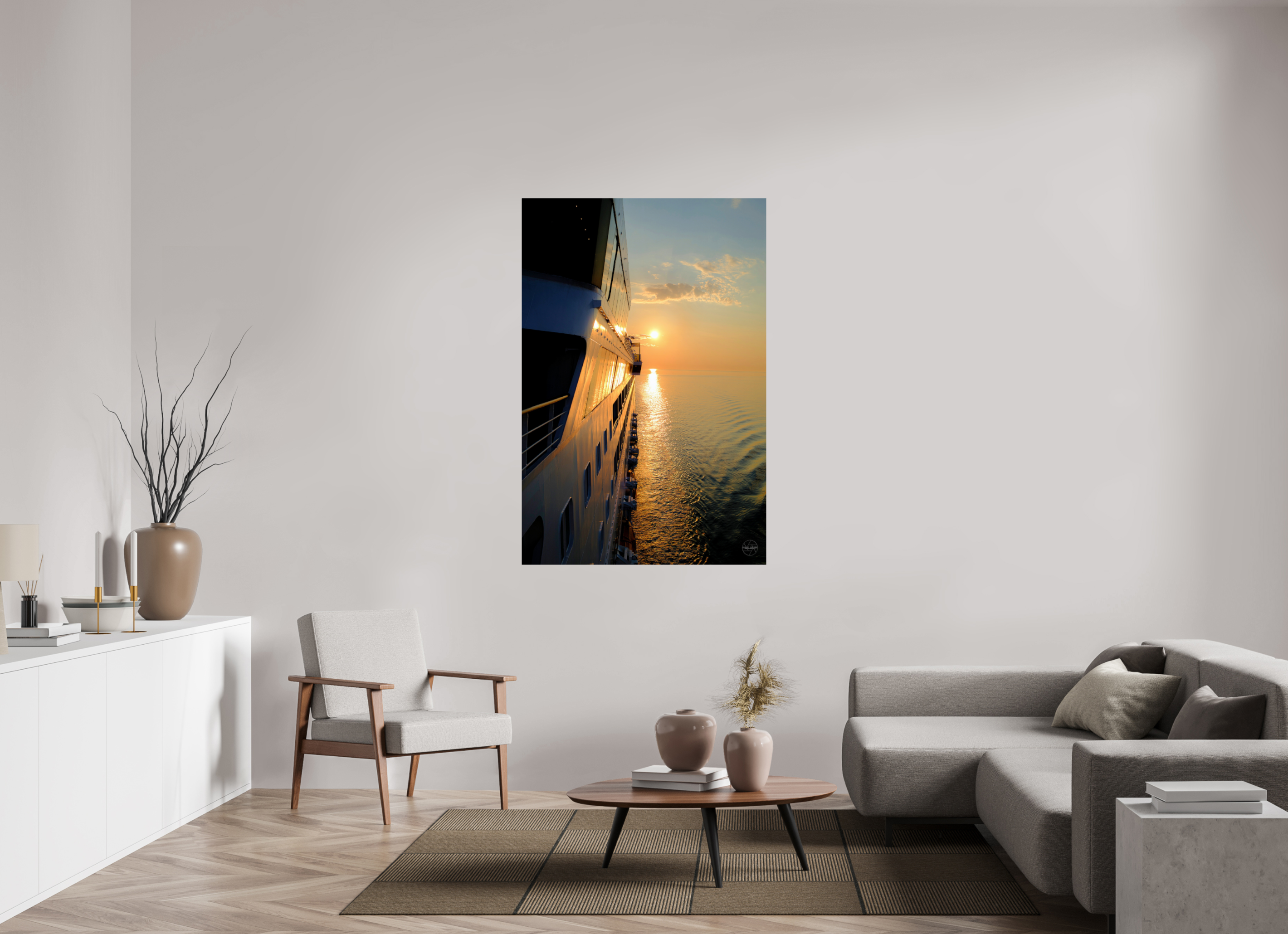 100 x 150 cm, Tirage couleur brillant seul Poster coucher de soleil en mer – Reflets dorés sur la coque d’un navire