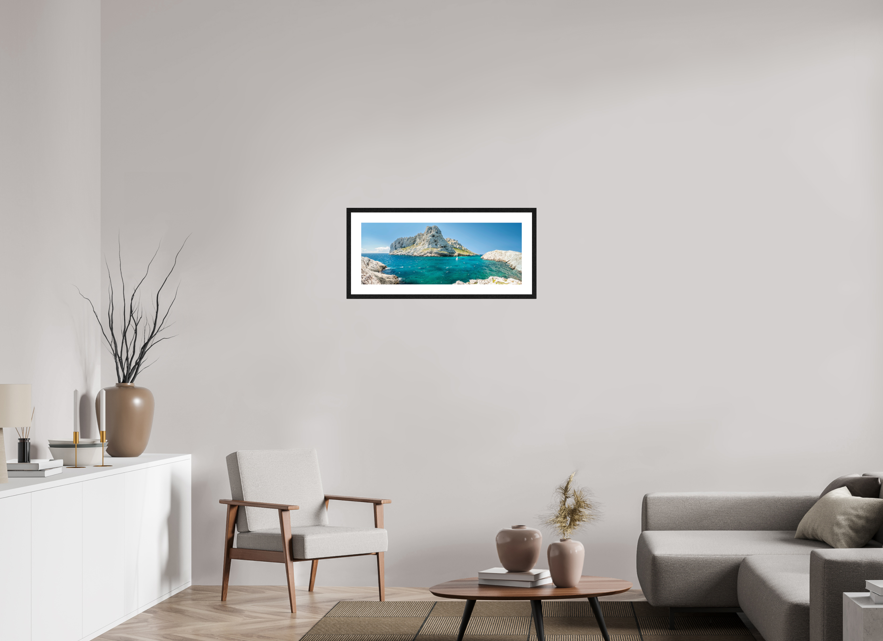 76,5 x 30 cm, Tirage couleur brillant + Cadre noir avec passe-partout Émeraude des Calanques